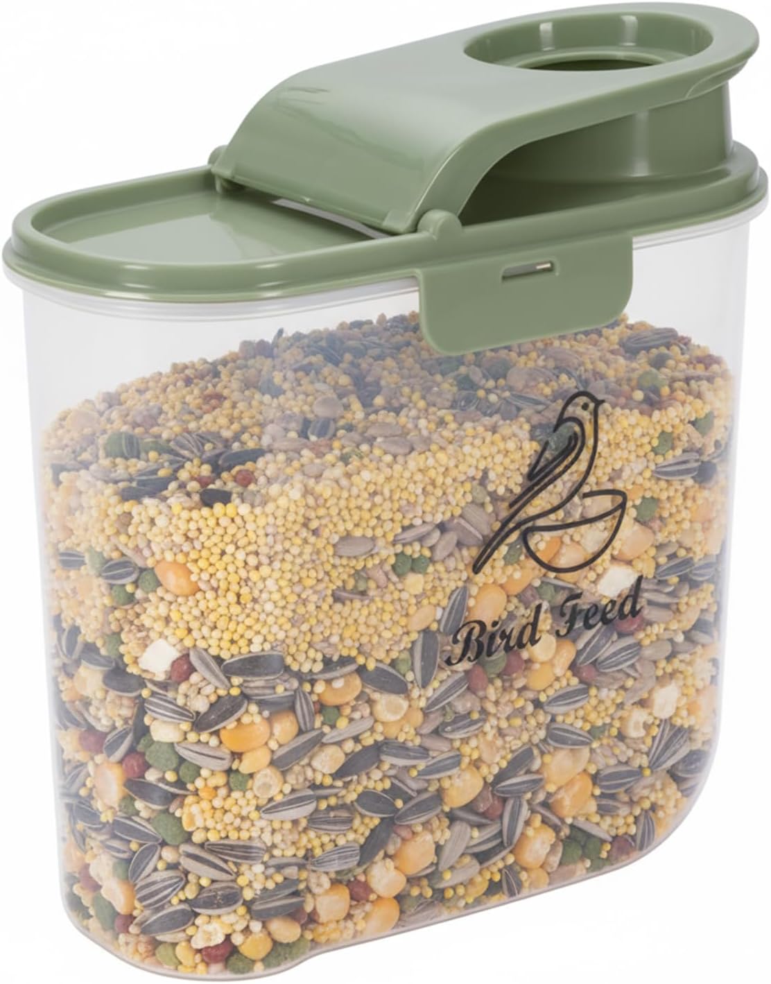 Bird Seed Storage Container, 2.1 Qt/2 L, Airtight, Flip Lid & Pour Spout, Bird Food Container with Scale for Sunflower Seeds, Portable Travel Kibble Storage Dispenser for Small Animal, Green