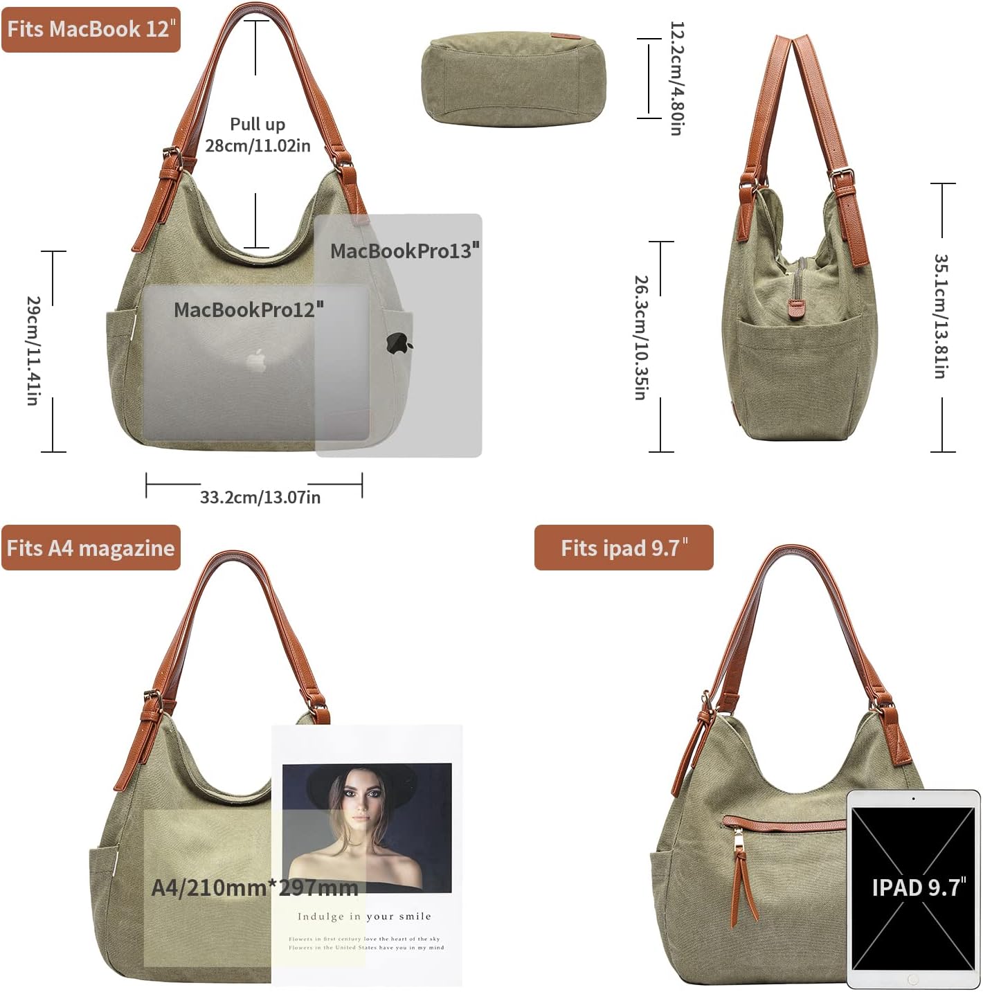 Worldlyda Women Canvas Hobo Purse Multi Pocket Tote Shopper Shoulder B
