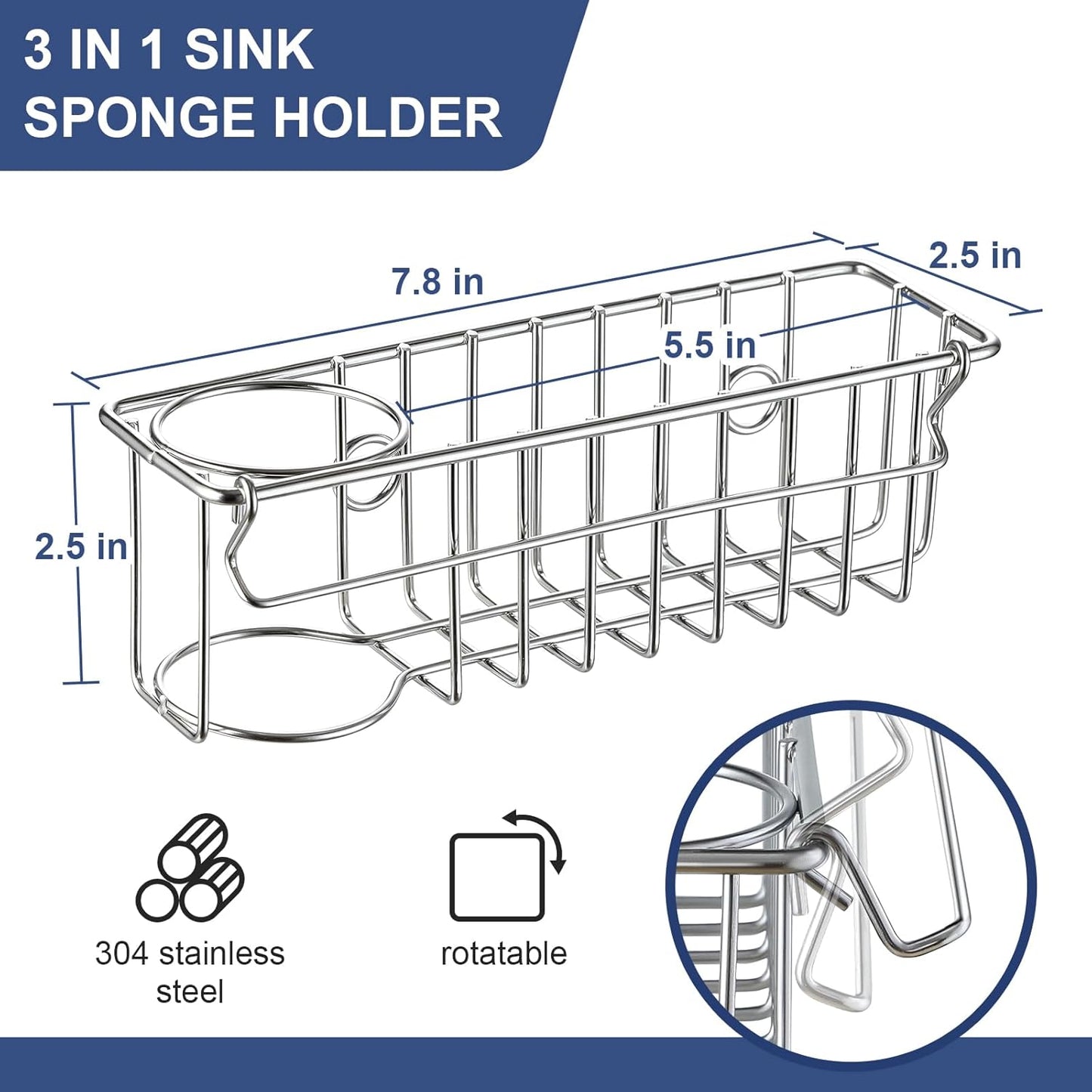 3-In-1 Sponge Holder for Kitchen Sink with Suction Cups & Adhesive Hoo