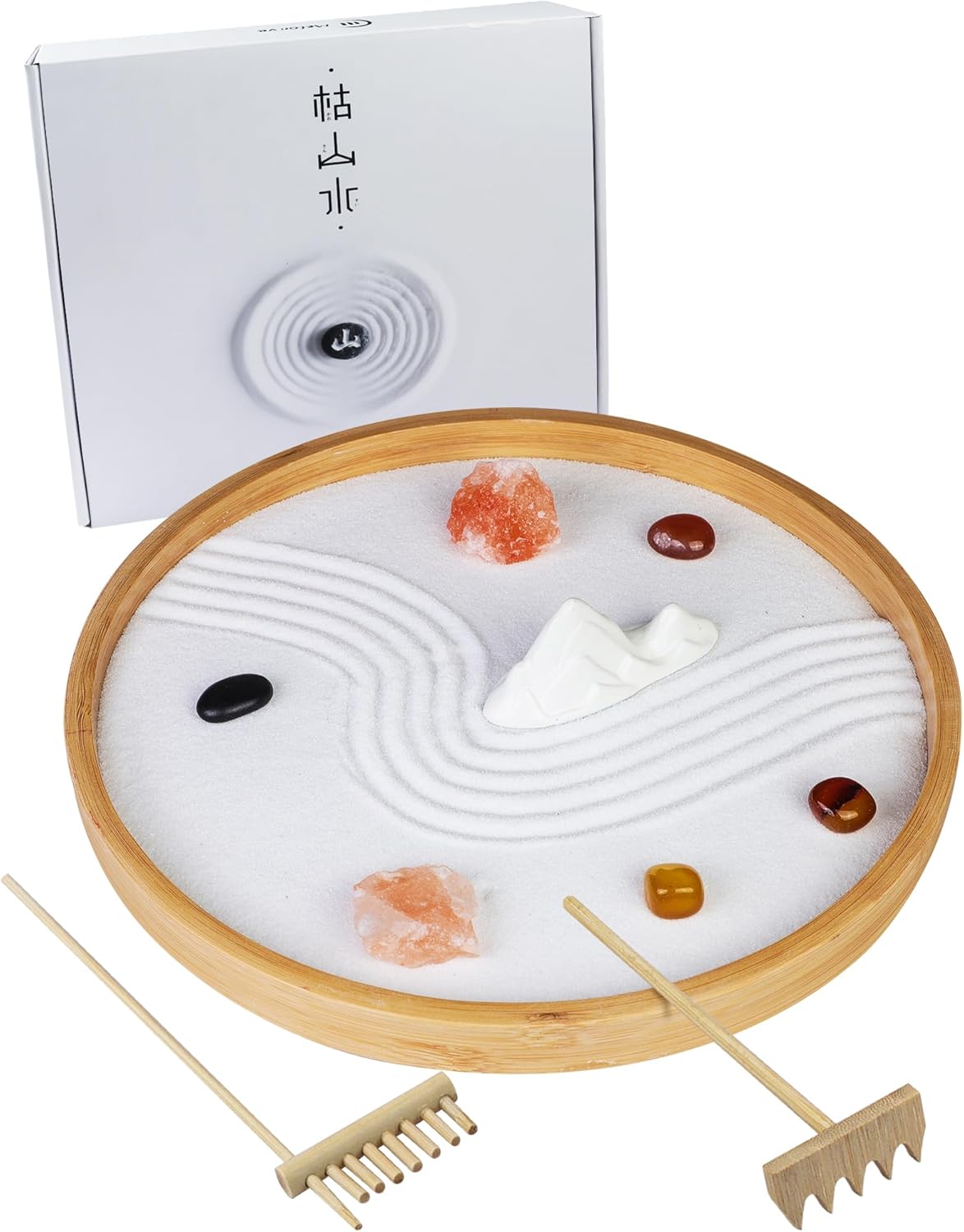 Melonva Japanese Zen Garden for Desk - Static Mountain 10" x 10" Desktop Mini Zen Garden with White Sand Artificial Tree Rocks Rakes & Accessories - Meditation Zen Gifts Sand Garden Kit for Office