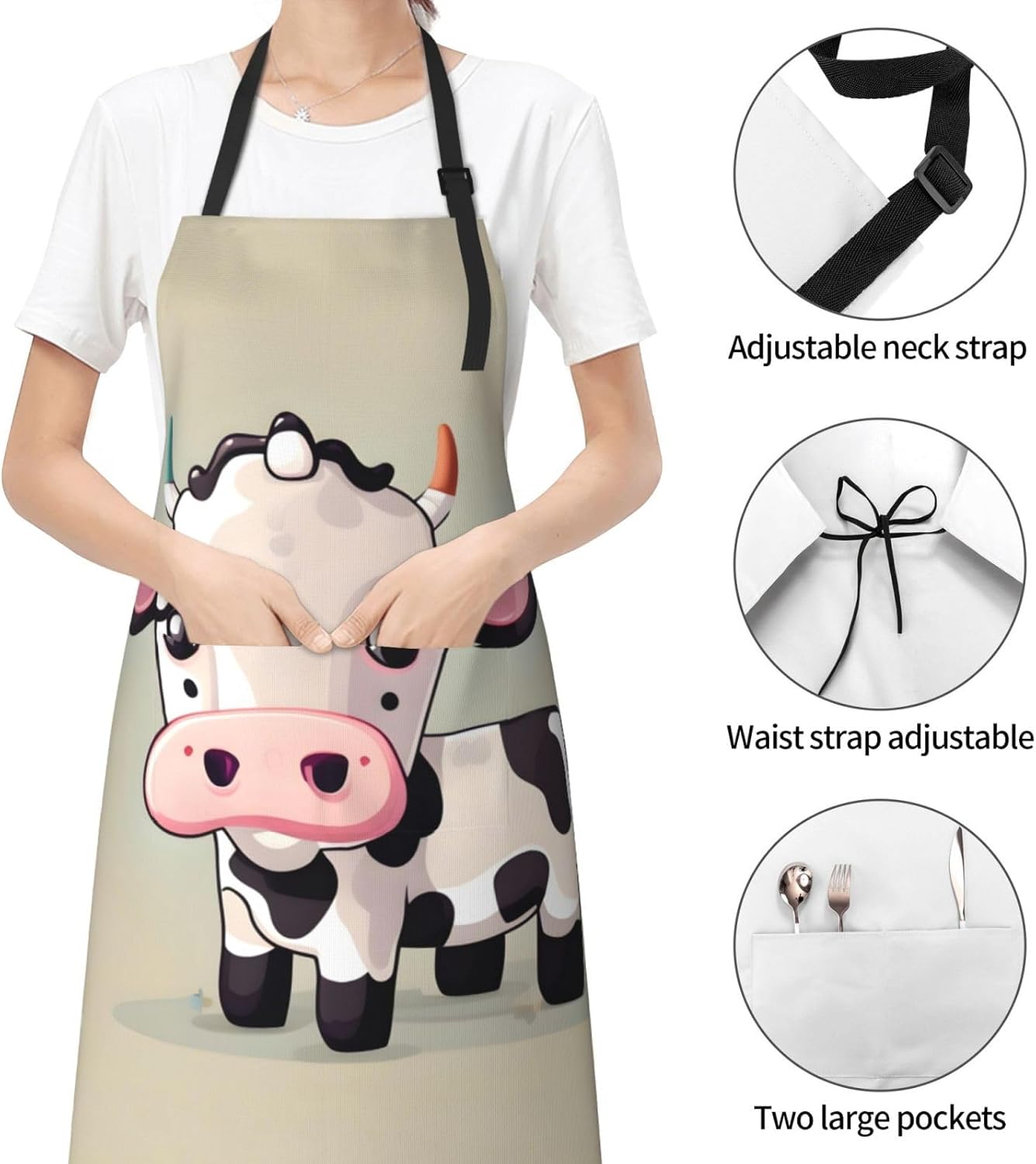 Cute White Cow Print Laundry apron 28x33 In Waterproof Kitchen Apron with Pockets for Cooking Baking