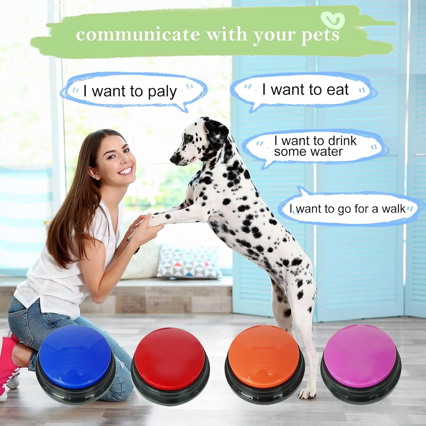 Set of 4 Dog Buttons for Communication, Voice Recordable Buttons for C