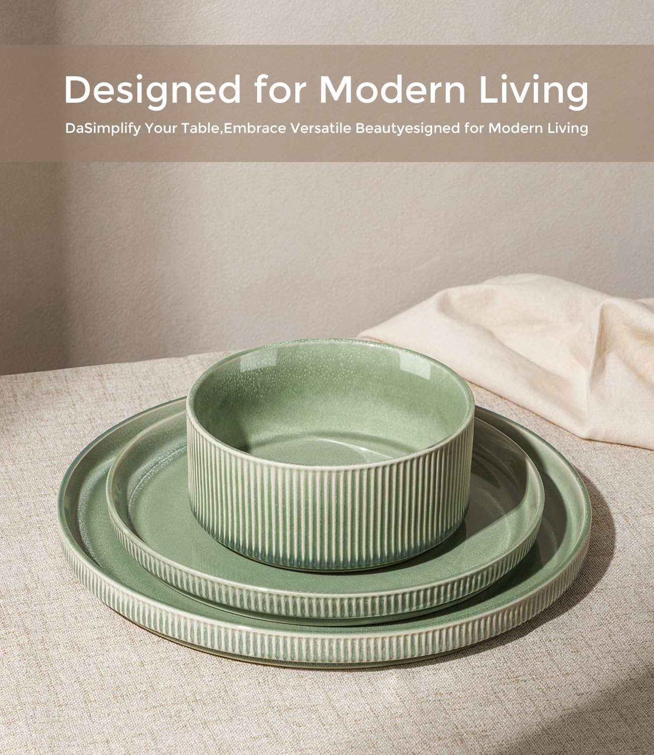 GBHOME 24-Piece Stoneware Dinnerware Set for 8 – Ribbed Ceramic Plates