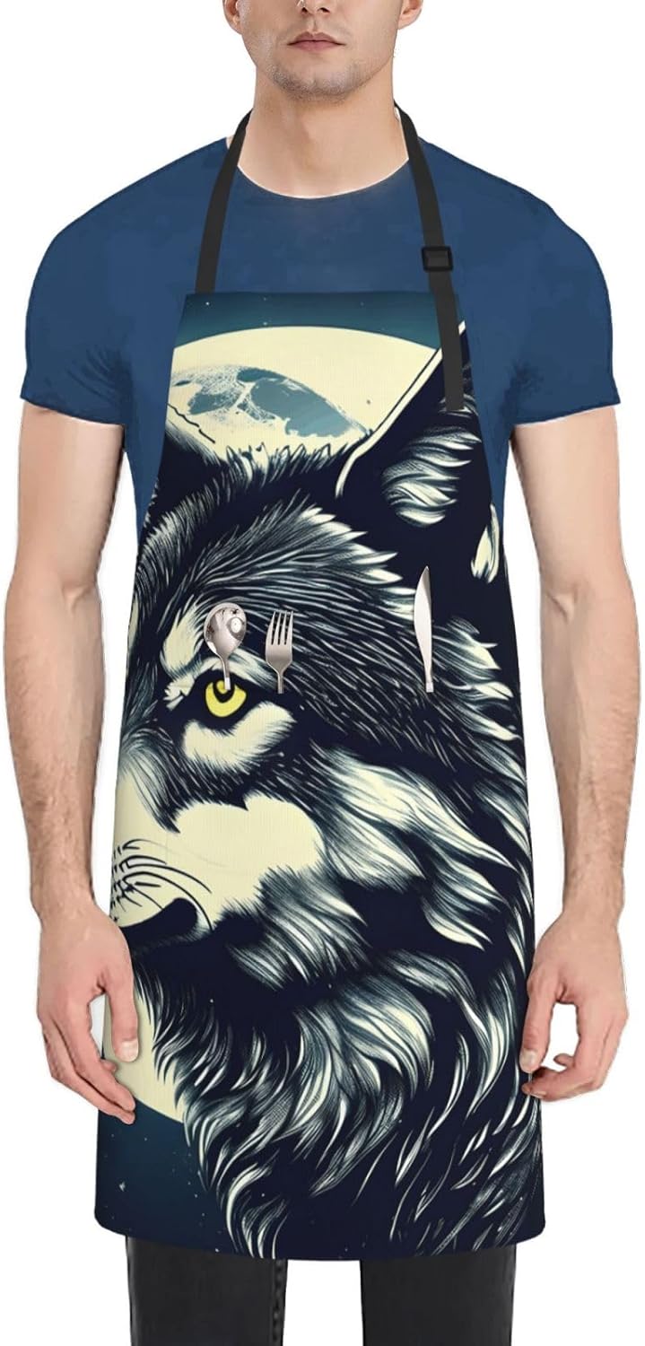 YANYU Wolf Night Moon Print 28x33 In Kitchen Apron Stylish Chef Apron with Pockets for Cooking Baking Painting