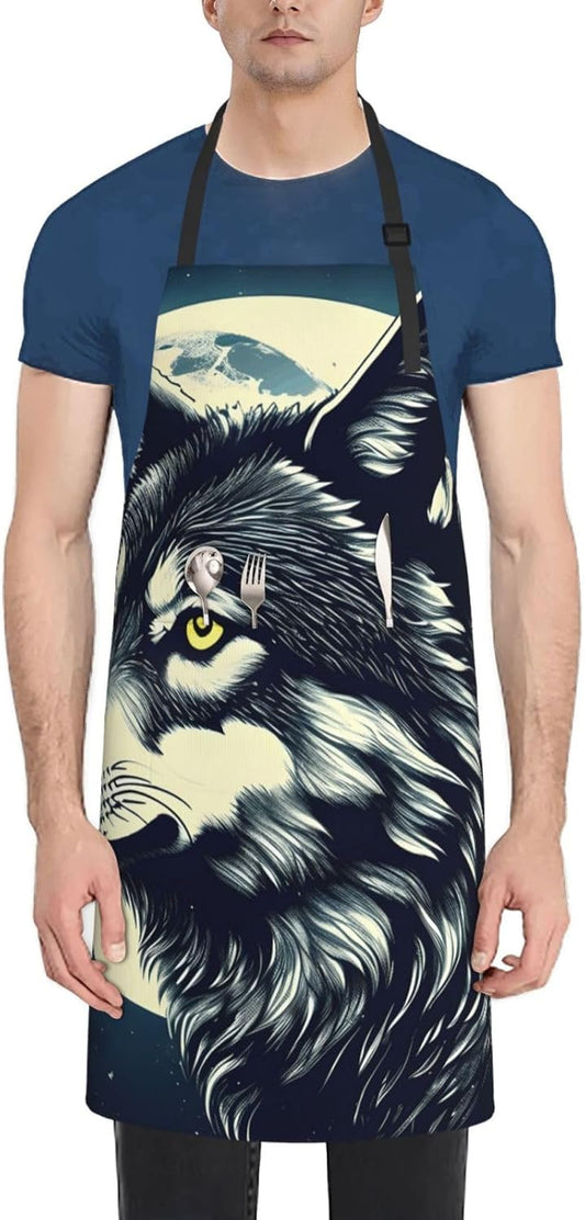 YANYU Wolf Night Moon Print 28x33 In Kitchen Apron Stylish Chef Apron with Pockets for Cooking Baking Painting
