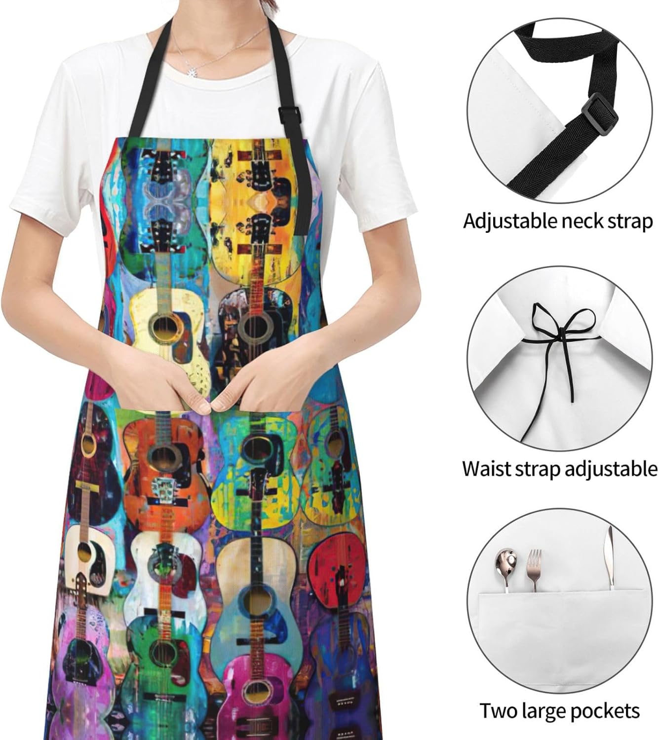 Color Acoustic and Guitars print Waterproof chef's apron with pocket a