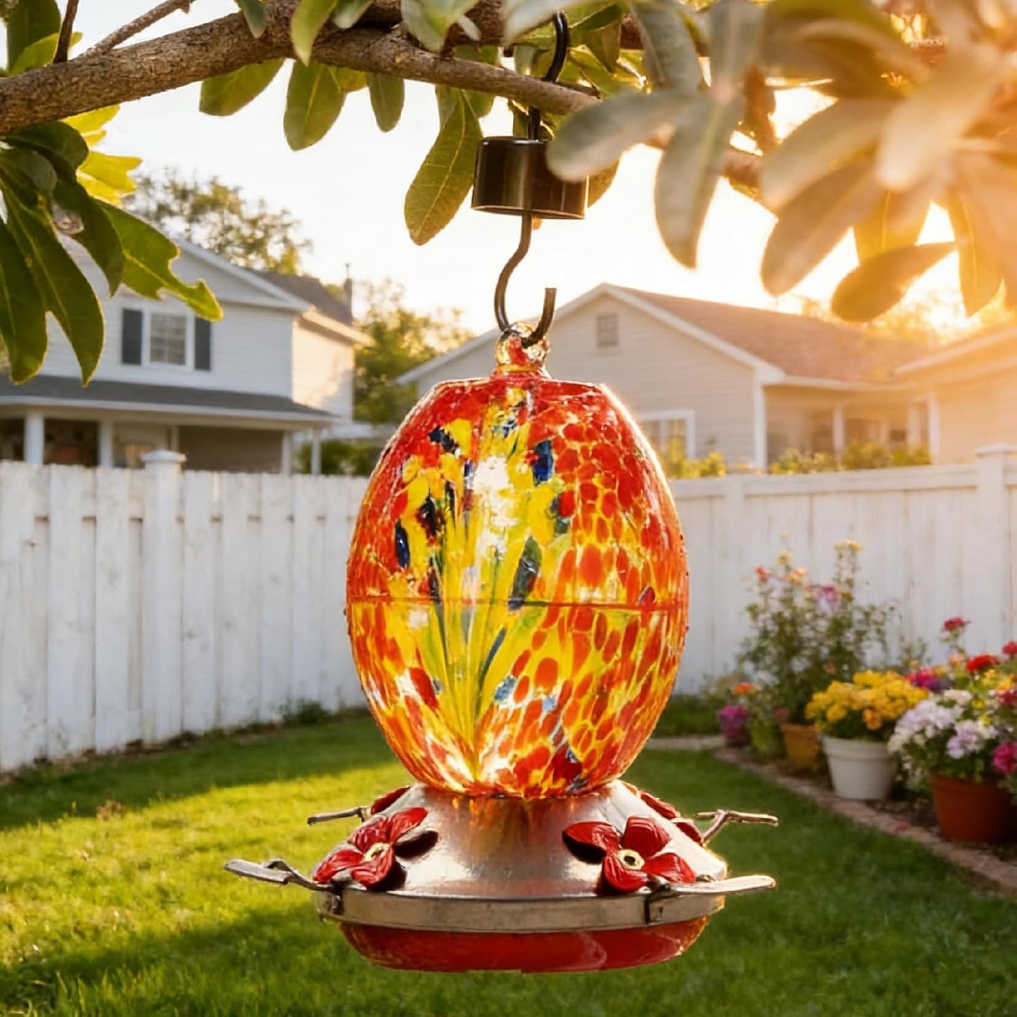 8.27" Hand Blown Glass Hummingbird Feeders for Outdoors - Red Phoenix Humming Bird Feeder with Ant Moat & 4 Metal Perches - Unique Garden Decor Gifts for Mom, Women, Bird Lovers