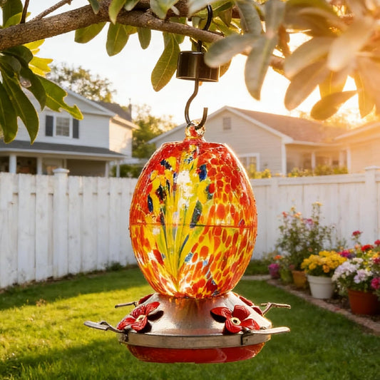 8.27" Hand Blown Glass Hummingbird Feeders for Outdoors - Red Phoenix Humming Bird Feeder with Ant Moat & 4 Metal Perches - Unique Garden Decor Gifts for Mom, Women, Bird Lovers