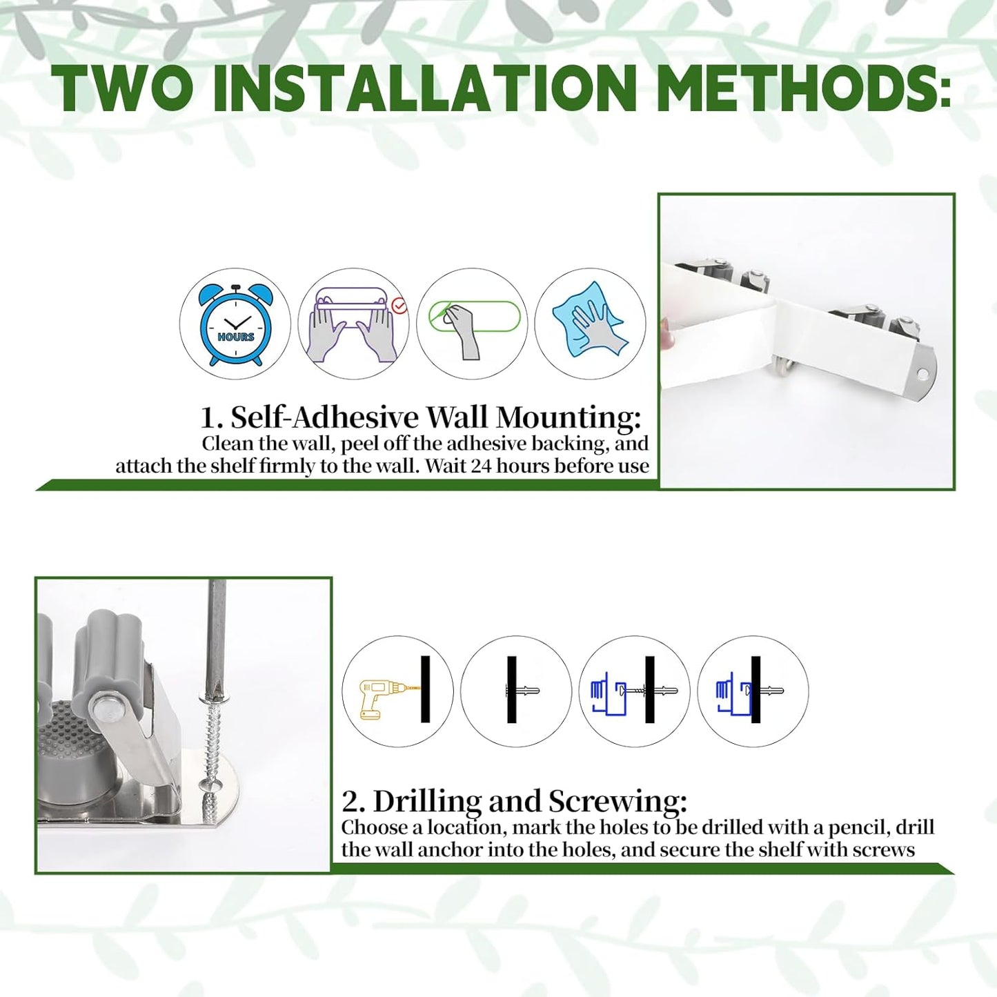 2 Pack Wall Mount Broom Holder, Self Adhesive 5 Racks and 4 Hooks Mop and Broom Organizer Storage Tool Racks Stainless Steel Heavy Duty for Home Kitchen Garden Laundry Garage