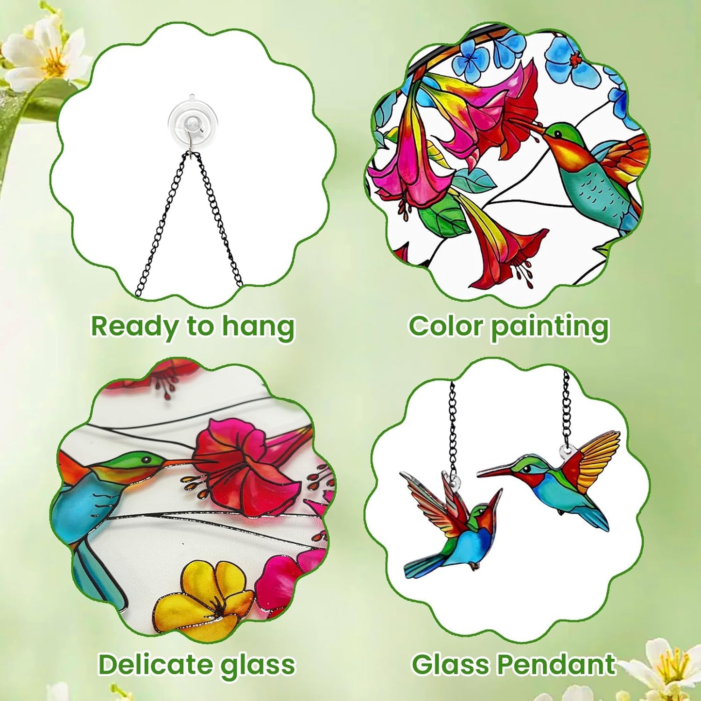 Stained Glass Suncatcher for Window, Marzovitra 8 inch Hummingbird Sun Catcher Hanging with Flowers & 2 Dangling Charms Real Glass Window Decor, Garden Hanging Art Gift for Women, Mom, Nature Lovers