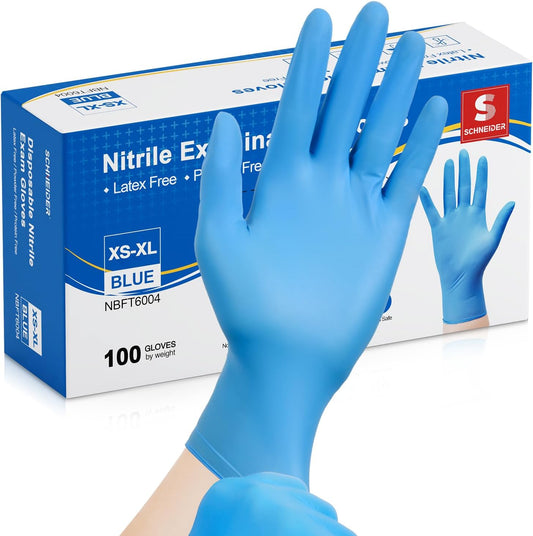 Schneider Nitrile Exam Gloves, Medical Grade Blue Disposable Gloves Latex Free, Rubber Glove for Cleaning, Cooking, Food Prep