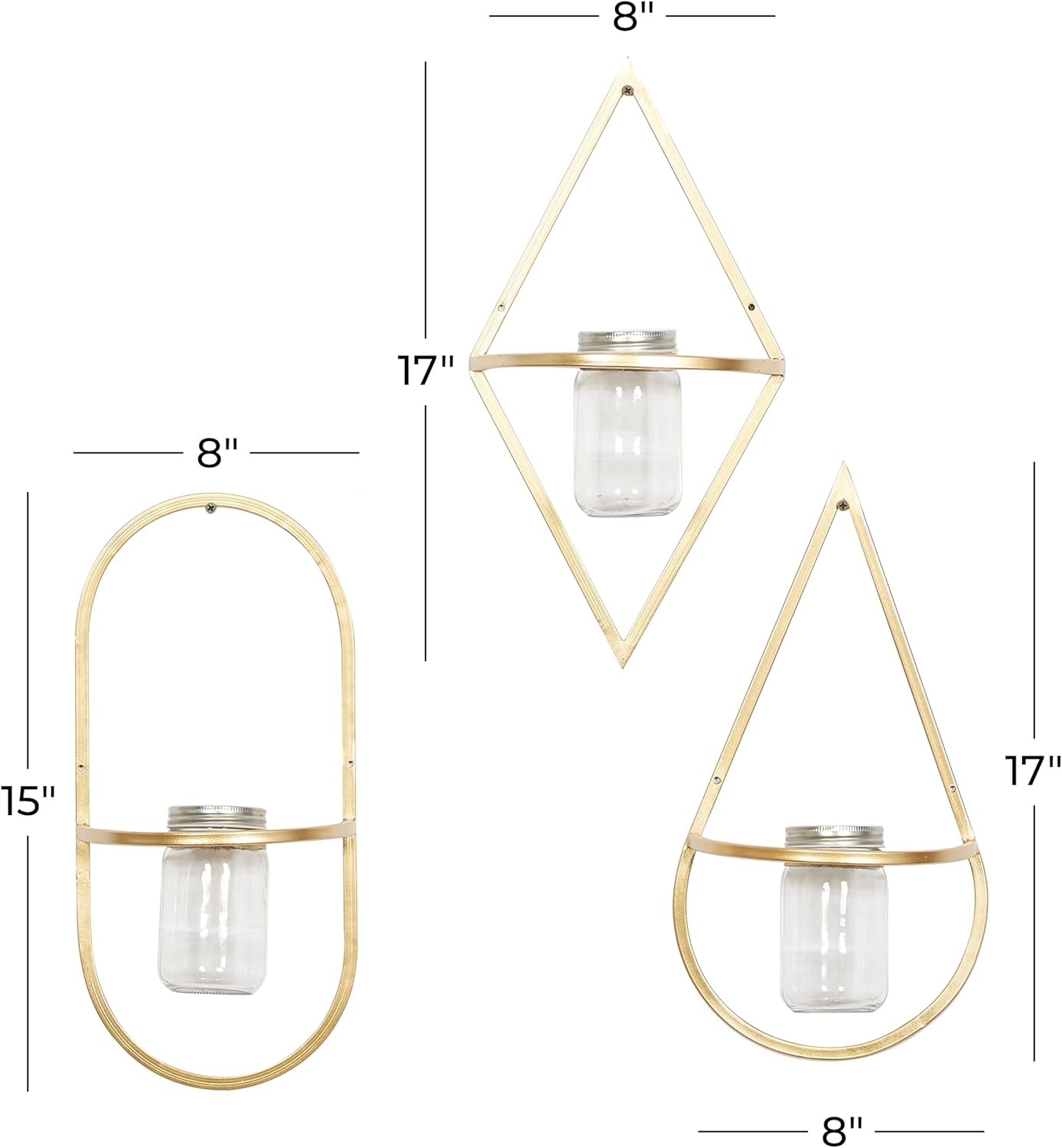 CosmoLiving by Cosmopolitan Metal Geometric Wall Planter Hanging Planter with Glass Holder, Set of 3 Plant Hanger 8"W, 17"H, Gold