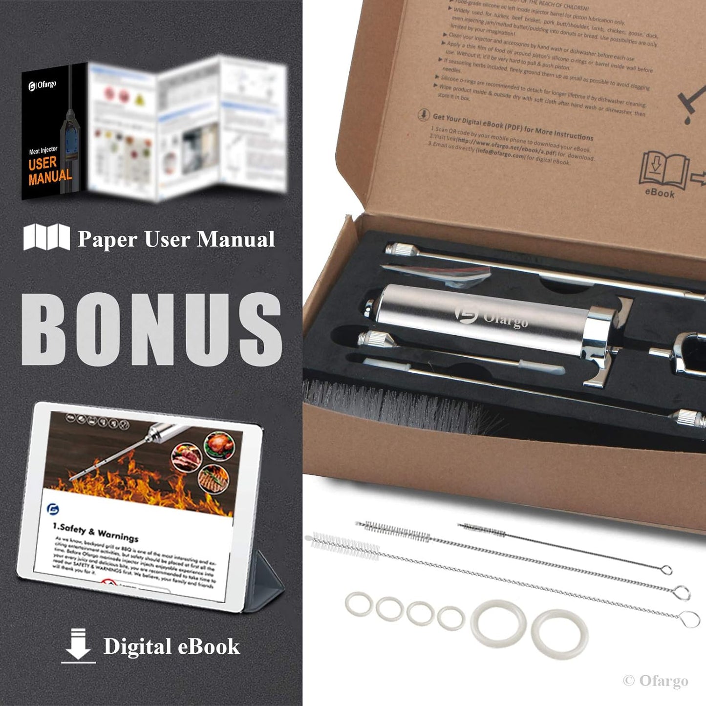 Ofargo Stainless Steel Meat Injector Syringe Kit with 4 Marinade Needles for BBQ Grill Smoker, Easter Day Gifts for Men Dad Husband Him, 2-oz Large Capacity, Both Paper User Manual and E-Book Recipe