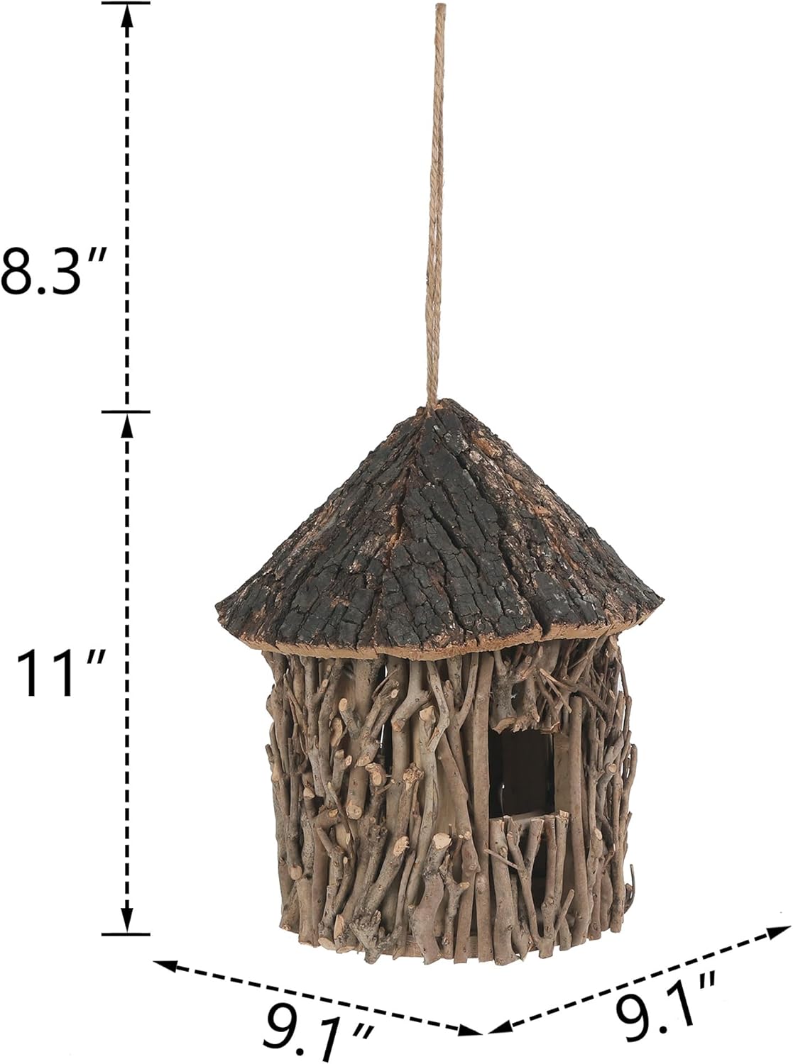 Twig-Covered Cylinder Birdhouse Squirrel House, 2.4" Entry for Medium Birds, Natural Branch Exterior & Waterproof Interior, Woodland Garden Backyard Decor