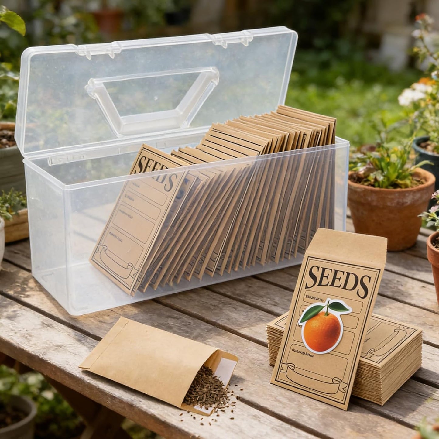 Plastic Clear Seed Storage Organizer Box with Handle, Garden Seed Organize Sealed Box 100 Envelopes and Stickers Saving Container Keeper Set for Garden Vegetable Flower Plants