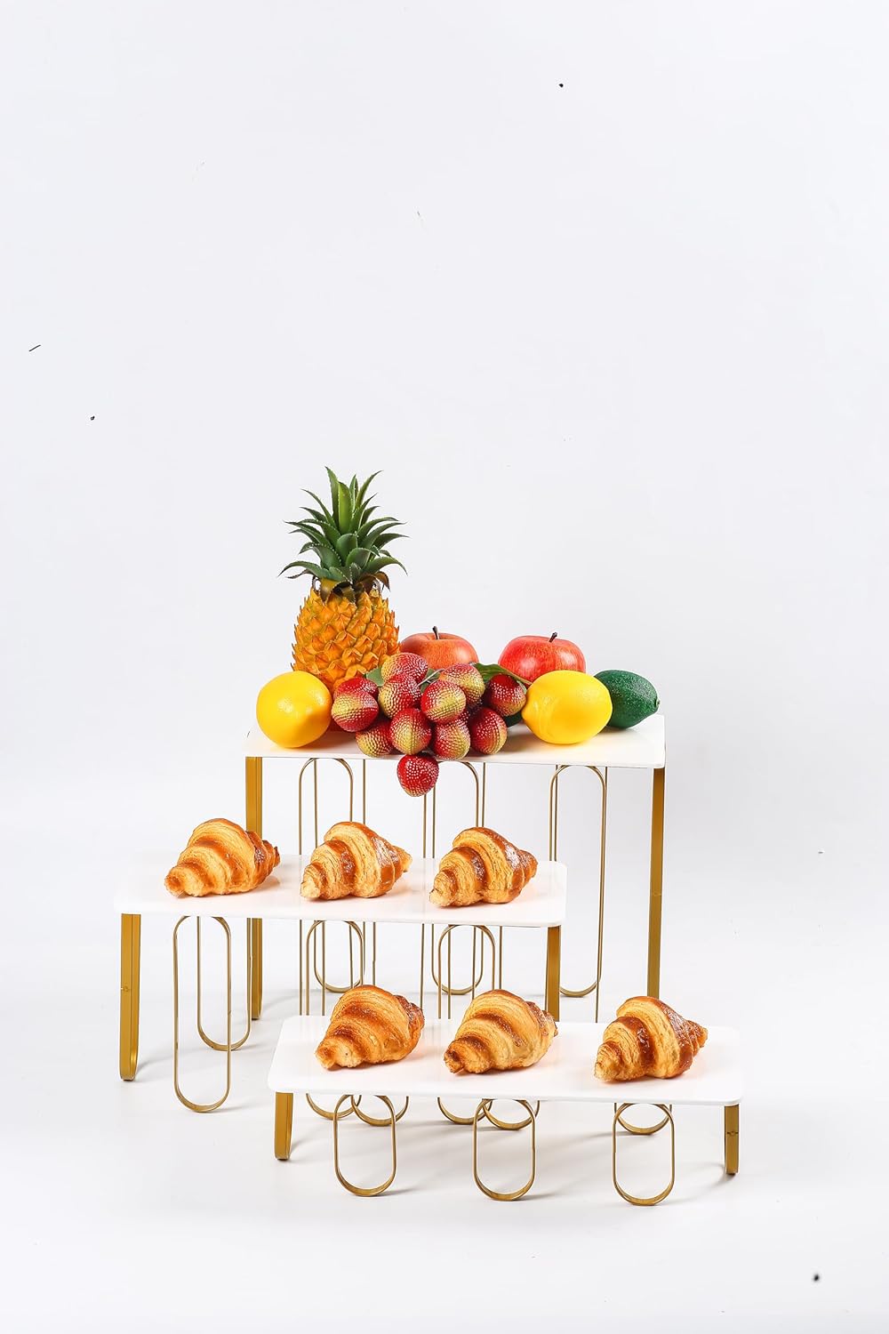 15inch 3 Tier Rectangular Plates with Metal standsy Set, Serving Trays Party Divided Tray, Used for Displaying Vegetables, Fruits and Desserts Cake, Golden and White Version
