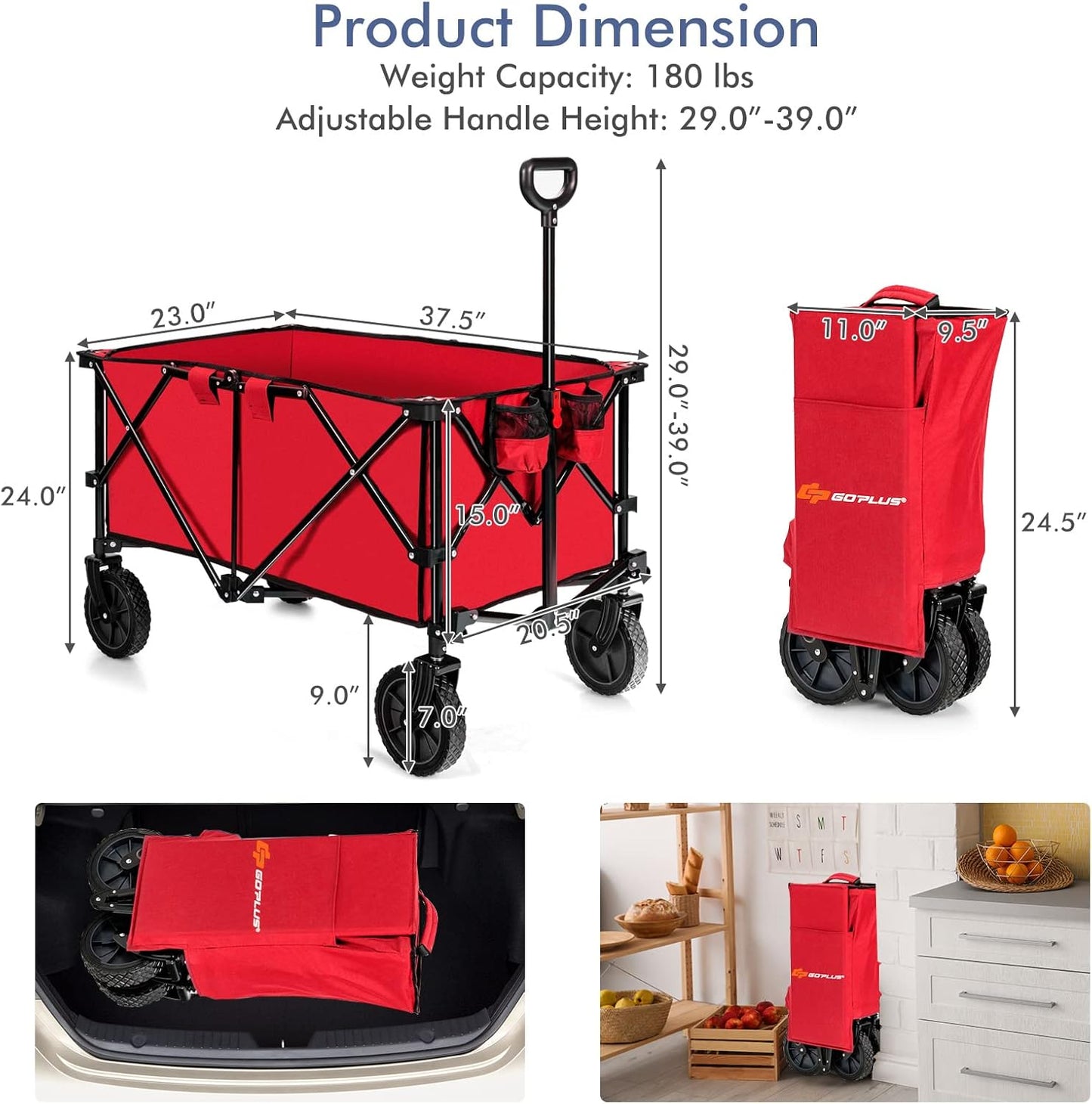 S AFSTAR Folding Wagon Cart, Collapsible Garden Wagon w/Adjustable Handle & Universal Wheels, Heavy Duty Folding Utility Cart for Agricultural Material Toy Grocery, Load Capacity up to 180Lbs (Red)