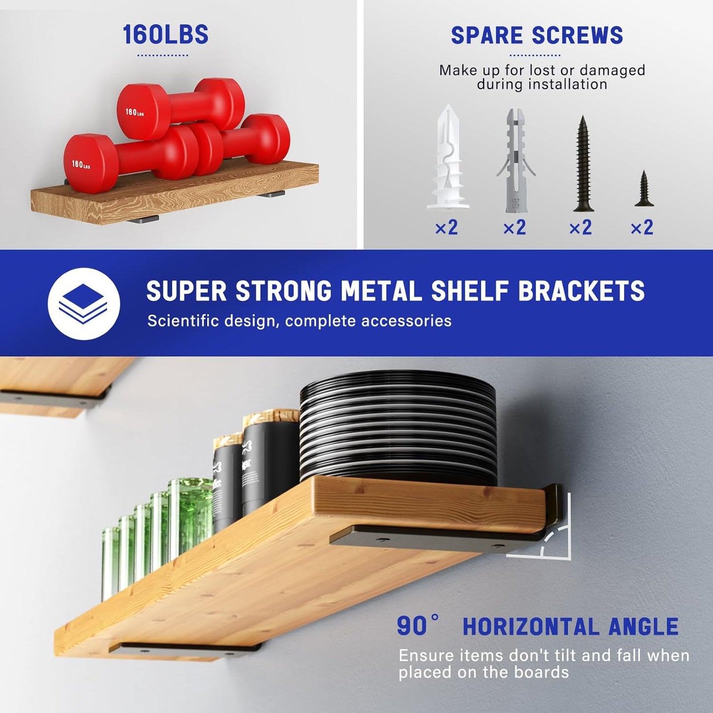 Goovilla Shelf Bracket, Heavy Duty Floating Shelf Brackets 6 inch Long, 6 Pack Brackets for Shelves, Black Coated Metal Wall Shelf Support Brackets with 1/5 Inch Thick and 160 lb. Load Capacity