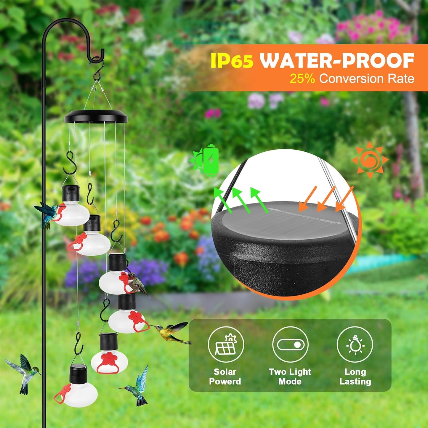 Charming Wind Chimes Hummingbird Feeders for Outdoors,Solar Hummingbird Feeder Glass Made,Never Leak,Gardening Gifts for Women,Men(Frosted Clear)