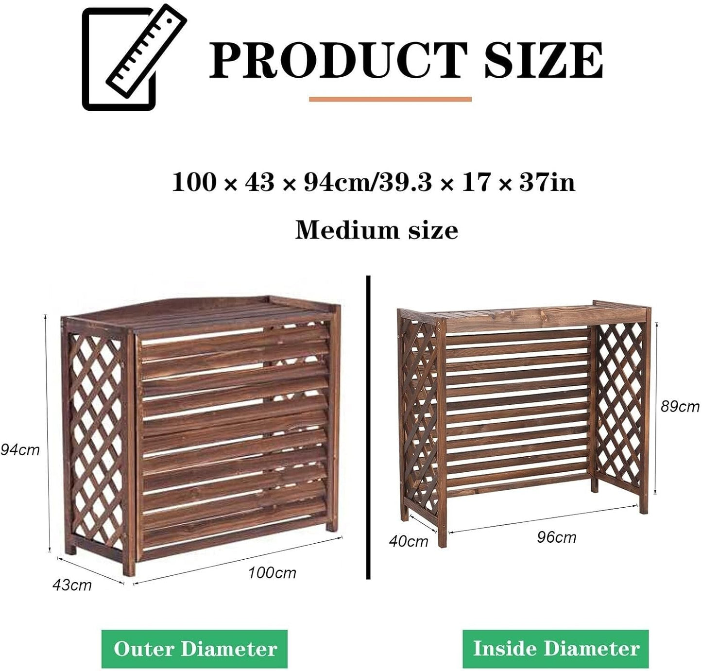 Outdoor Air Conditioner Cover Wooden Flower Stand, Solid Wood Radiator Cover, Decorative Plant Stand, Carbonized Wooden AC Rack(85x35x75cm/33.4x13.7x29.5in) (Black 100x43x94cm/39.3x17x37in)