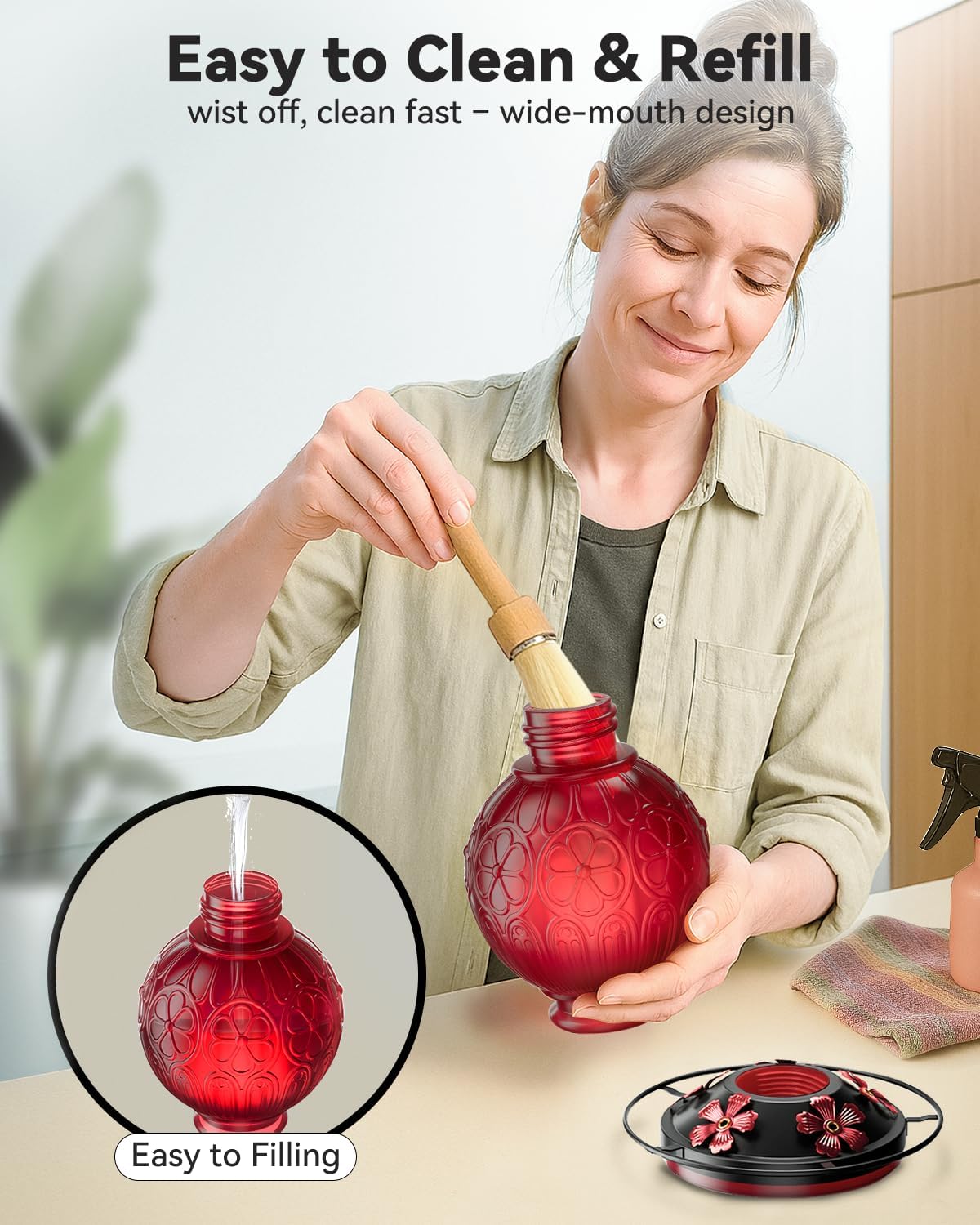 26Oz Hummingbird Feeder for Outdoors, Vintage Glass Bird Feeder with Perch, Durable & Easy to Clean, Hanging Nectar Feeder for Garden, Yard, Deck – Gift for Bird Lovers (Red)