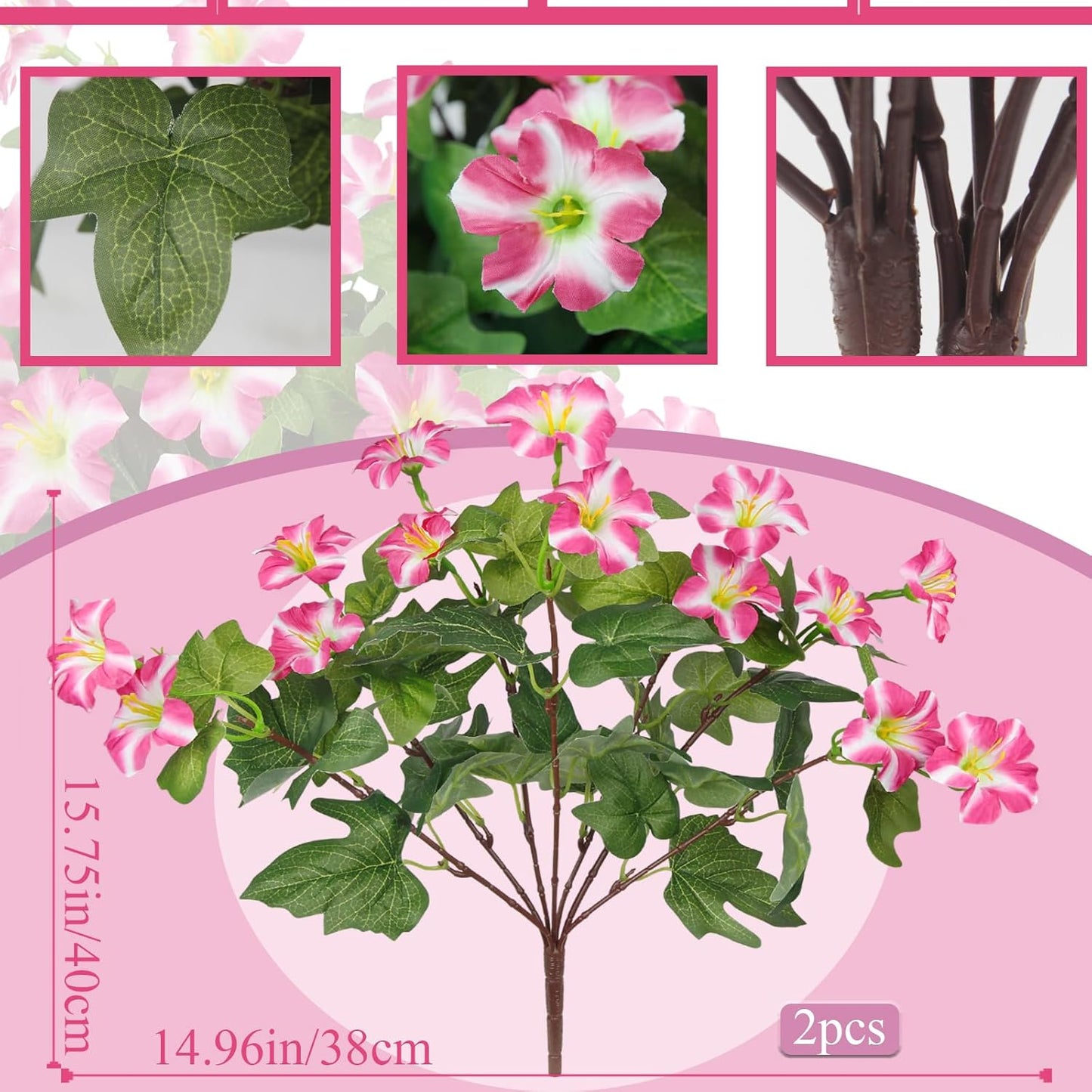 2Pcs Artificial Flowers with 7 Branches Fake Petunias Plants Outside Rose Red Silk Morning Glory UV Resistant Realistic Faux Tropical Flowers for Planter Outdoors Porch Patio Yard Garden Window