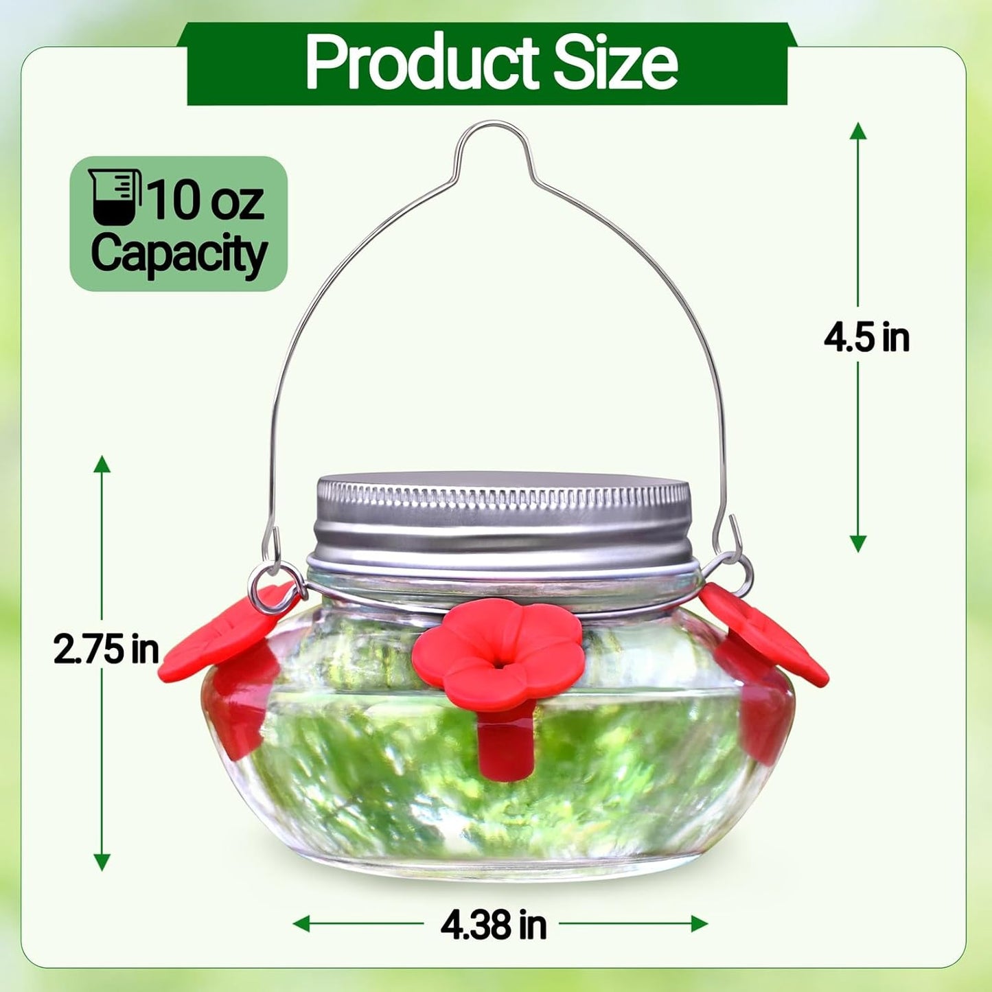 Glass Hummingbird Feeders for Outdoors Hanging, Cute Mason Jar Shape with 4 Silicone Flower Feeding Ports, Top Fill Leak Proof Easy to Clean and Refill, Humming Bird Feeder for Outside Garden