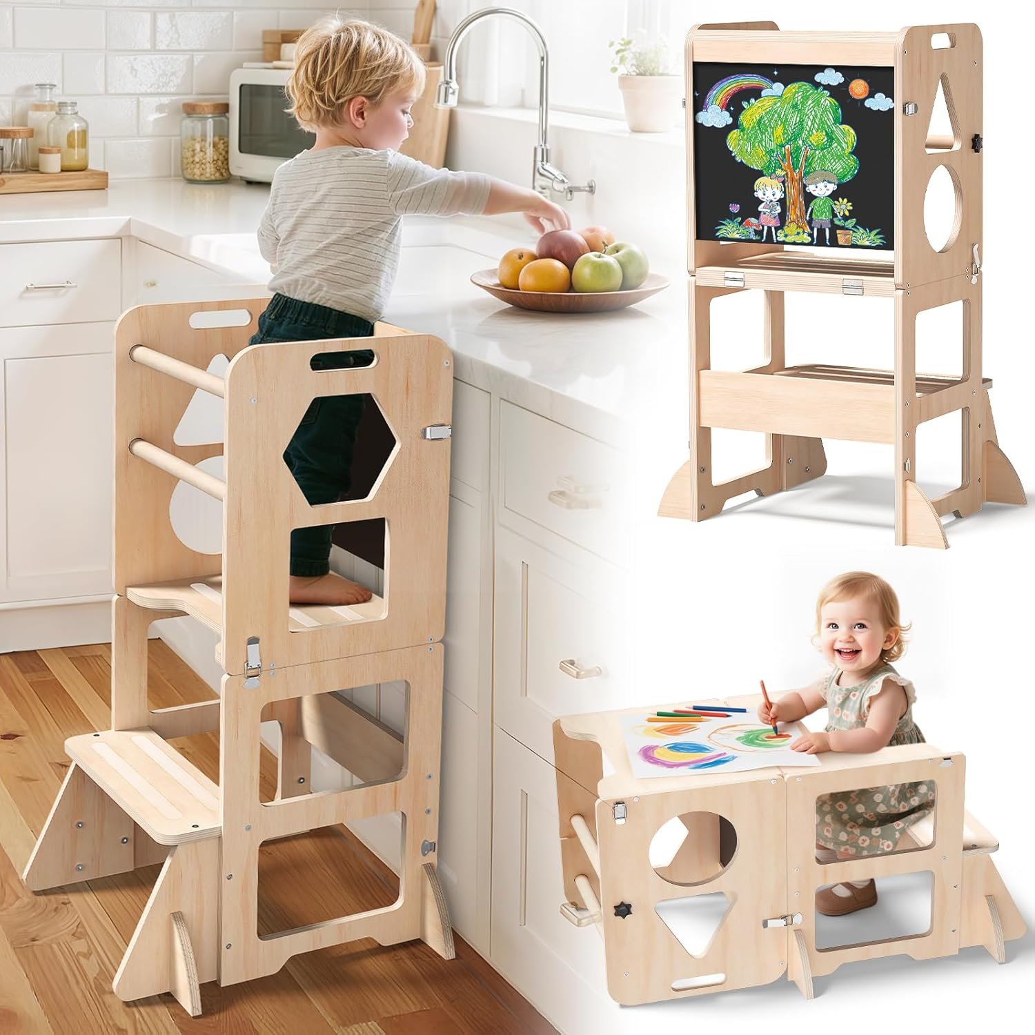 4-in-1 Toddler Kitchen Step Stool, Foldable Learning Standing Tower wi