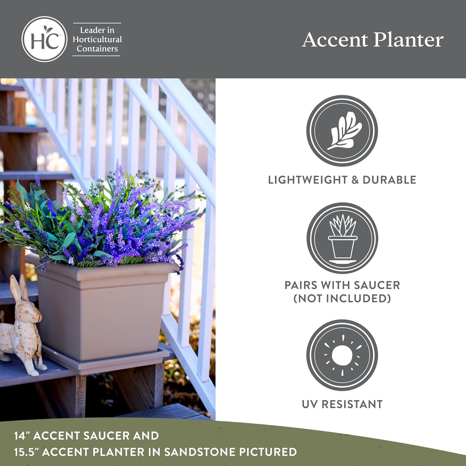 The HC Companies 12.5 Inch Accent Square Plant Pots with Drainage, Lig