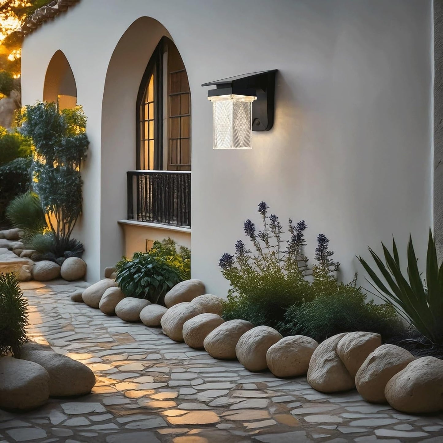 Solar Wall Lantern, Outdoor Wall Sconce, Exterior Wall Light, IP65 Black ABS PC with Diamond Shade, 3 Color Solar LED for Courtyard Balcony Garden Villa Fence Yard Gates Cottage
