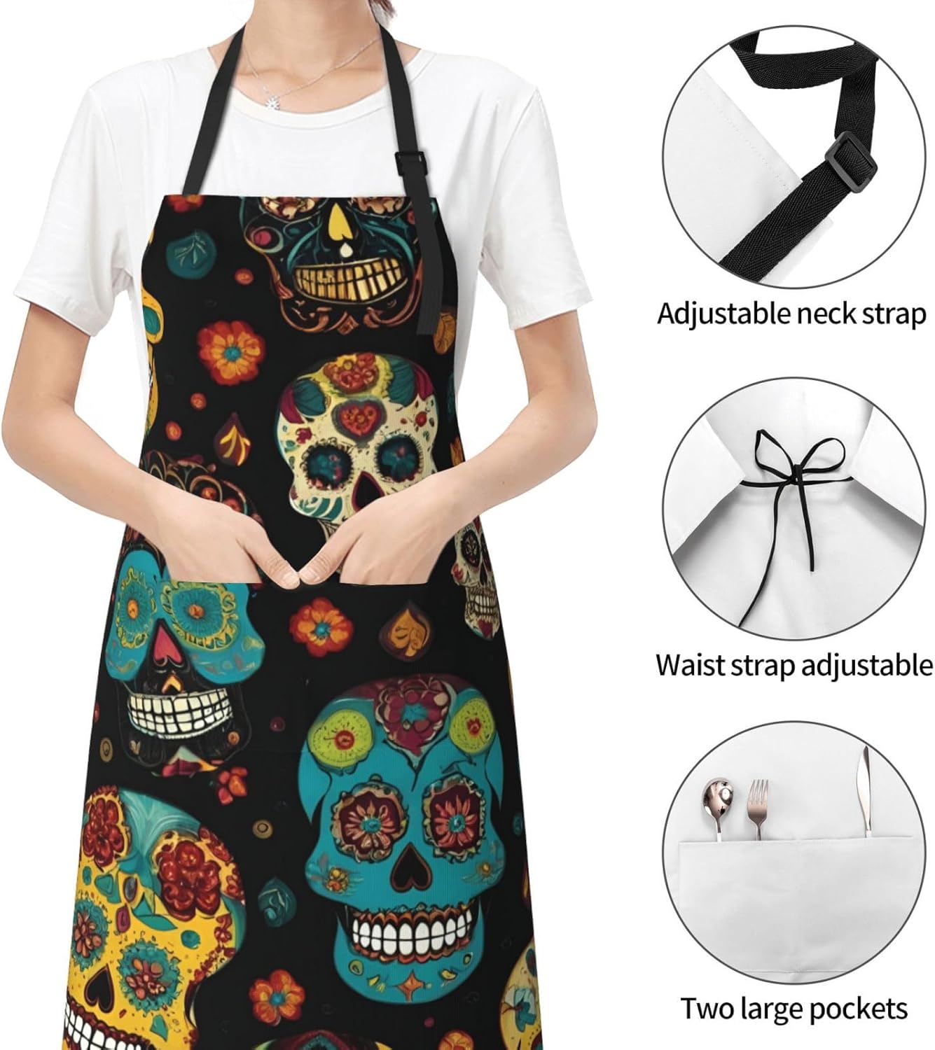 YANYU Sugar and Skulls Print 28x33 In Kitchen Apron Stylish Chef Apron with Pockets for Cooking Baking Painting