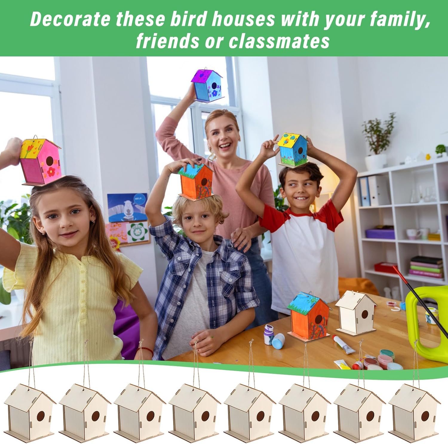 DoubleFill 48 Pcs 4.33" Wooden Bird Houses Bulk for Kids DIY Unfinishe