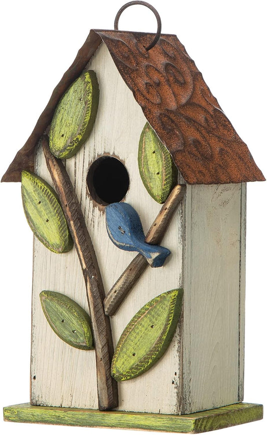 Glitzhome 9.7" H Hanging Birdhouse for Outdoor Patio Garden Decorative Pet Cottage Distressed Wooden Bird House for Finch Swallow Wren Chickadee, Leaves Rustic White