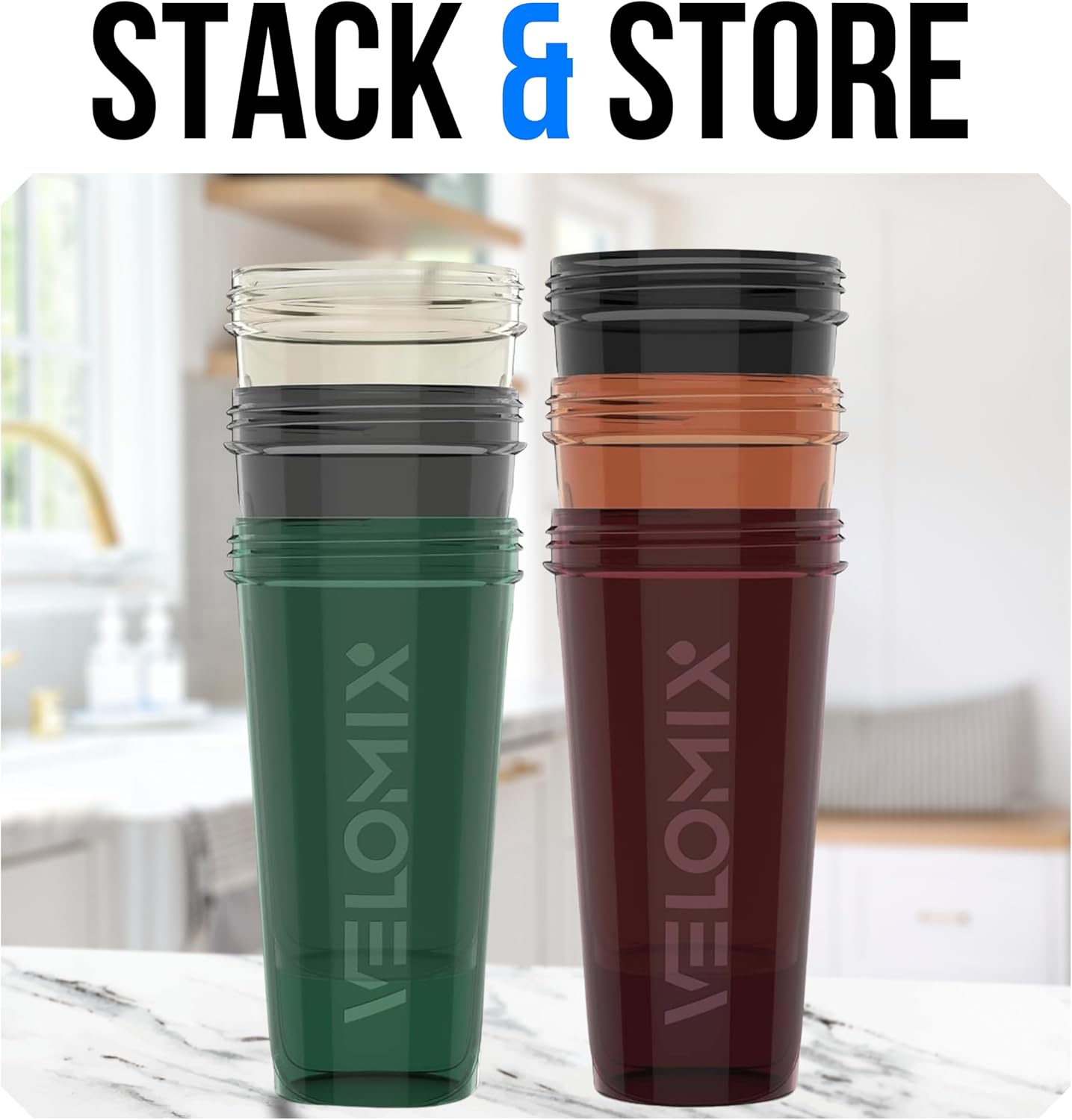 VELOMIX -6 PACK- 28 oz Protein Shaker Bottle for Protein Mixes - 6x Wi