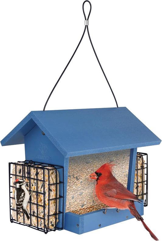 Hopper Hangout Recycled Plastic Hopper Bird Feeder with Latching Suet Cages & Fresh Seed Tray for Wild Birds and Outdoor Décor, 3 Quart Capacity, 2 Suet Cake, Blue