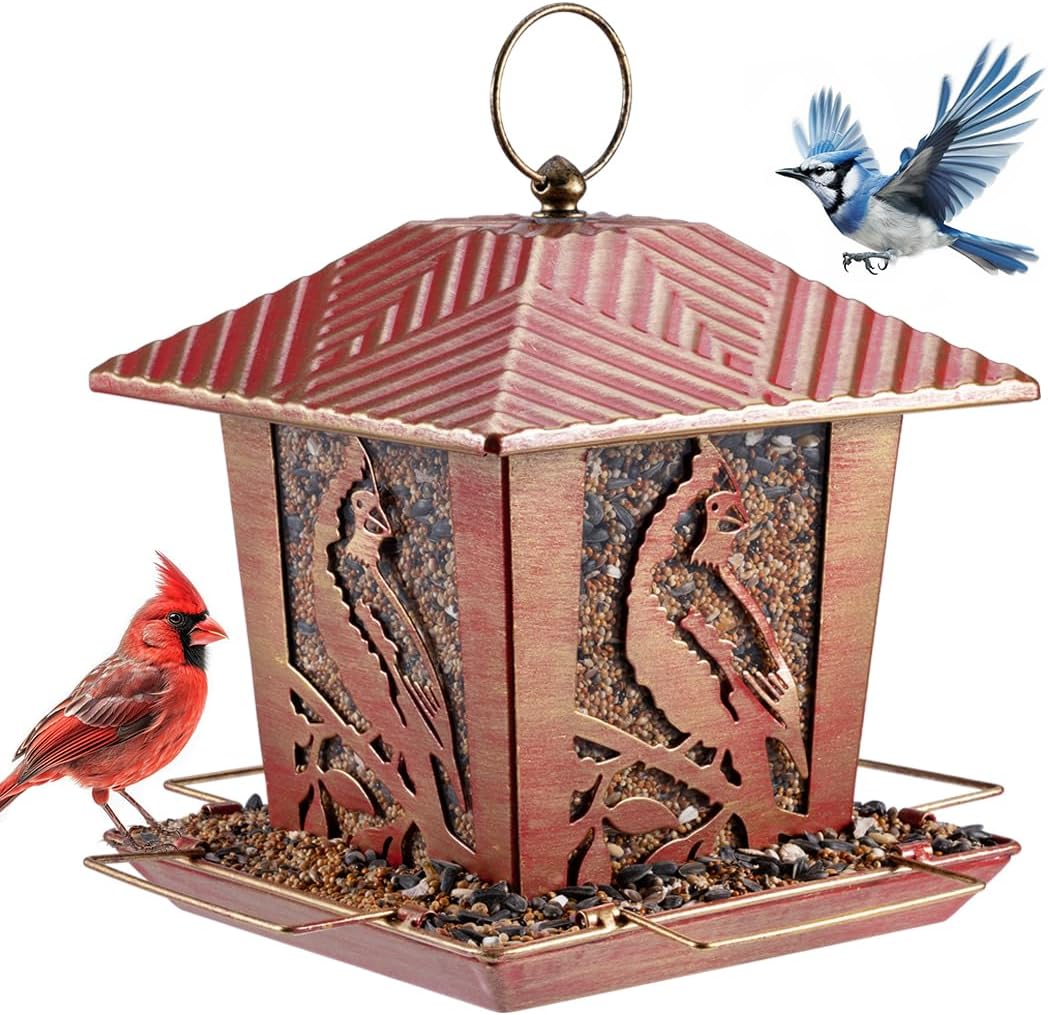 Birdream Metal Bird Feeders, Unique Vintage Design Bird Feeder for Outside Squirrel Proof, Attracting Wild Birds Cardinal Bluebird (Red Gold)