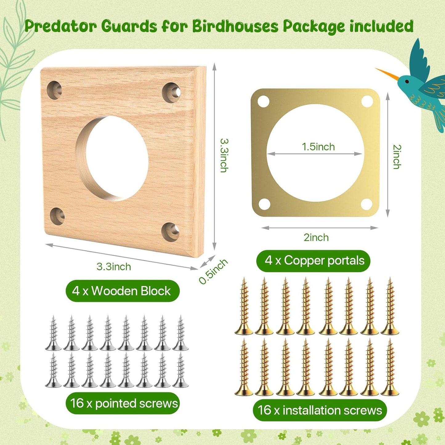 4 Pack Predator Guards for Birdhouses, Strong Wooden Birdhouse Protector Guards with Copper Portals, Birdhouse Hole Protector Guard Replacement for Eastern Bluebird Houses, 1 1/2 Inch Opening