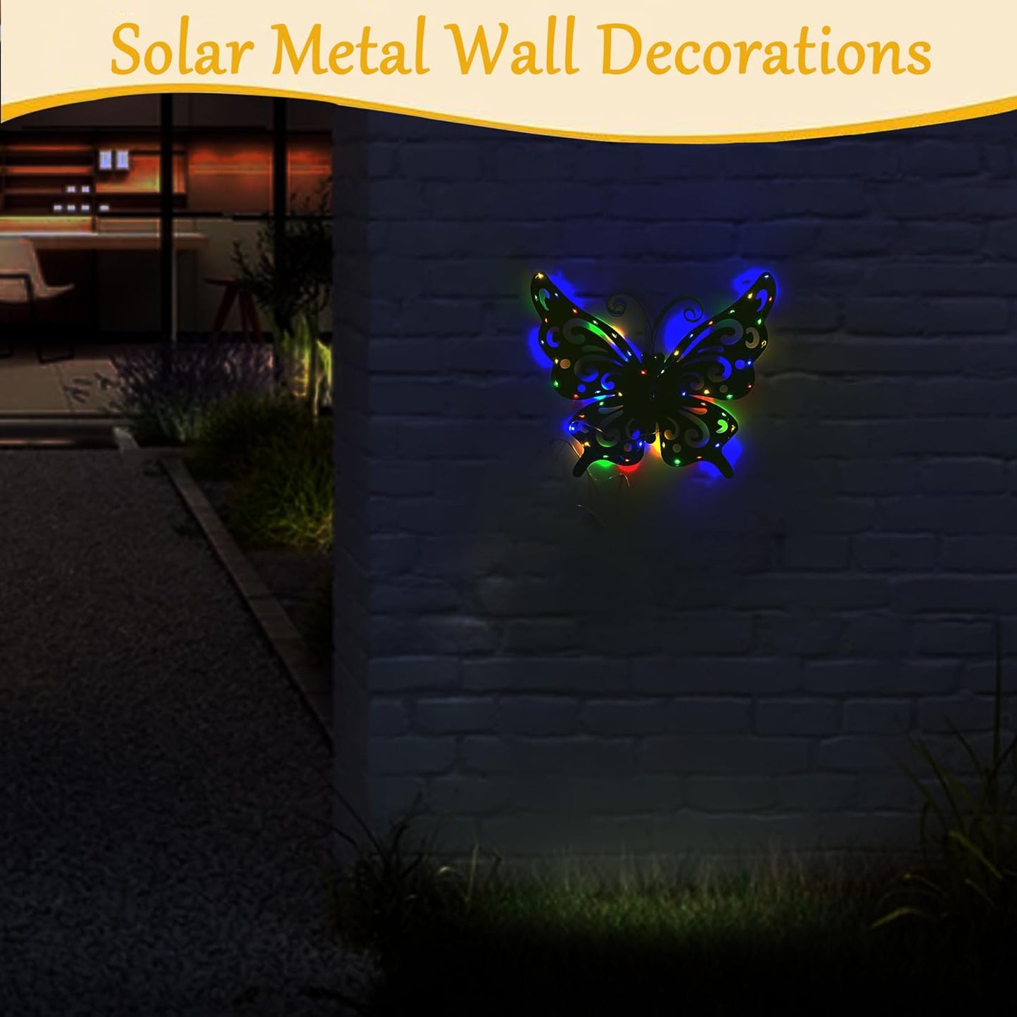 WAIU Solar LED Butterfly Lights, Metal Hanging Wall Art Decor, Waterproof Outdoor Decoration for Patio Garden Yard Fence, Valentine Gifts