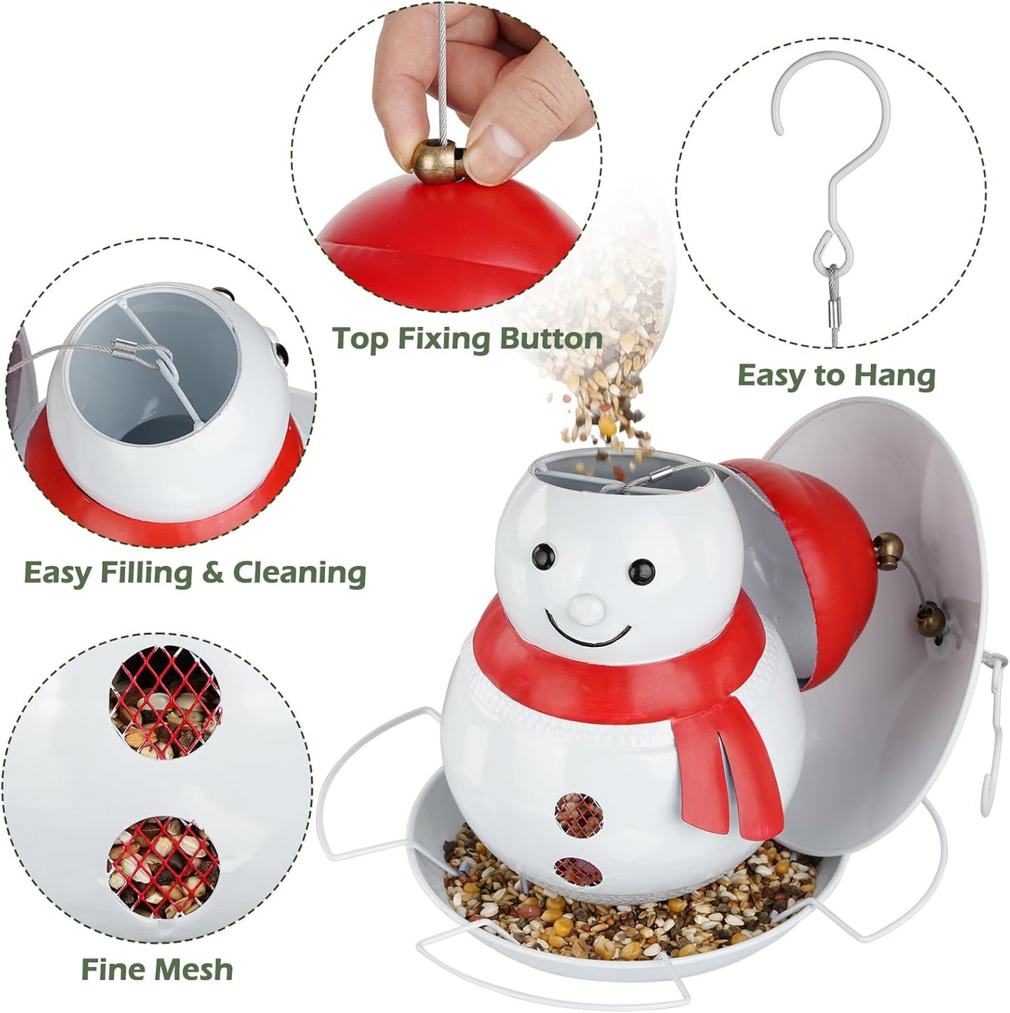 Bird Feeder for Outdoor Hanging, Heavy Duty Metal Wild Bird Feeder with Squirrel Proof Baffle for Outside Hanging, Large Capacity Birdfeeder Garden Yard Decoration, Cute Snowman Shaped