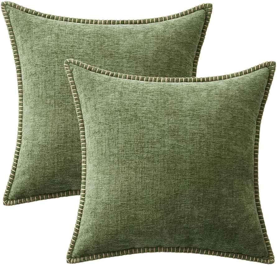 MIULEE Pack of 2 Couch Throw Pillow Covers 18x18 Inch Sage Green Farmhouse Decorative Pillow Covers with Stitched Edge Soft Chenille Solid Dyed Spring Pillow Covers for Sofa Bed Living Room