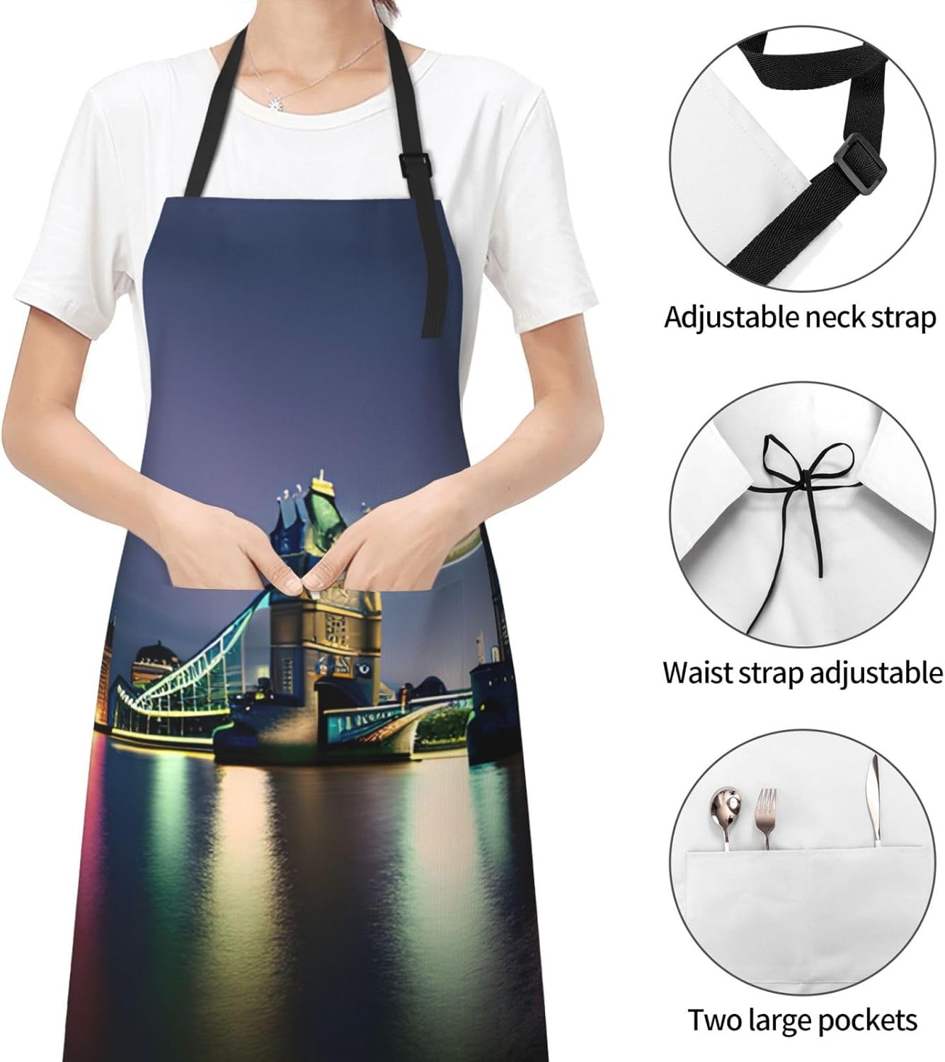 Night London Tower Bridge print Waterproof chef's apron with pocket apron for kitchen cooking baking barbecue and gardening