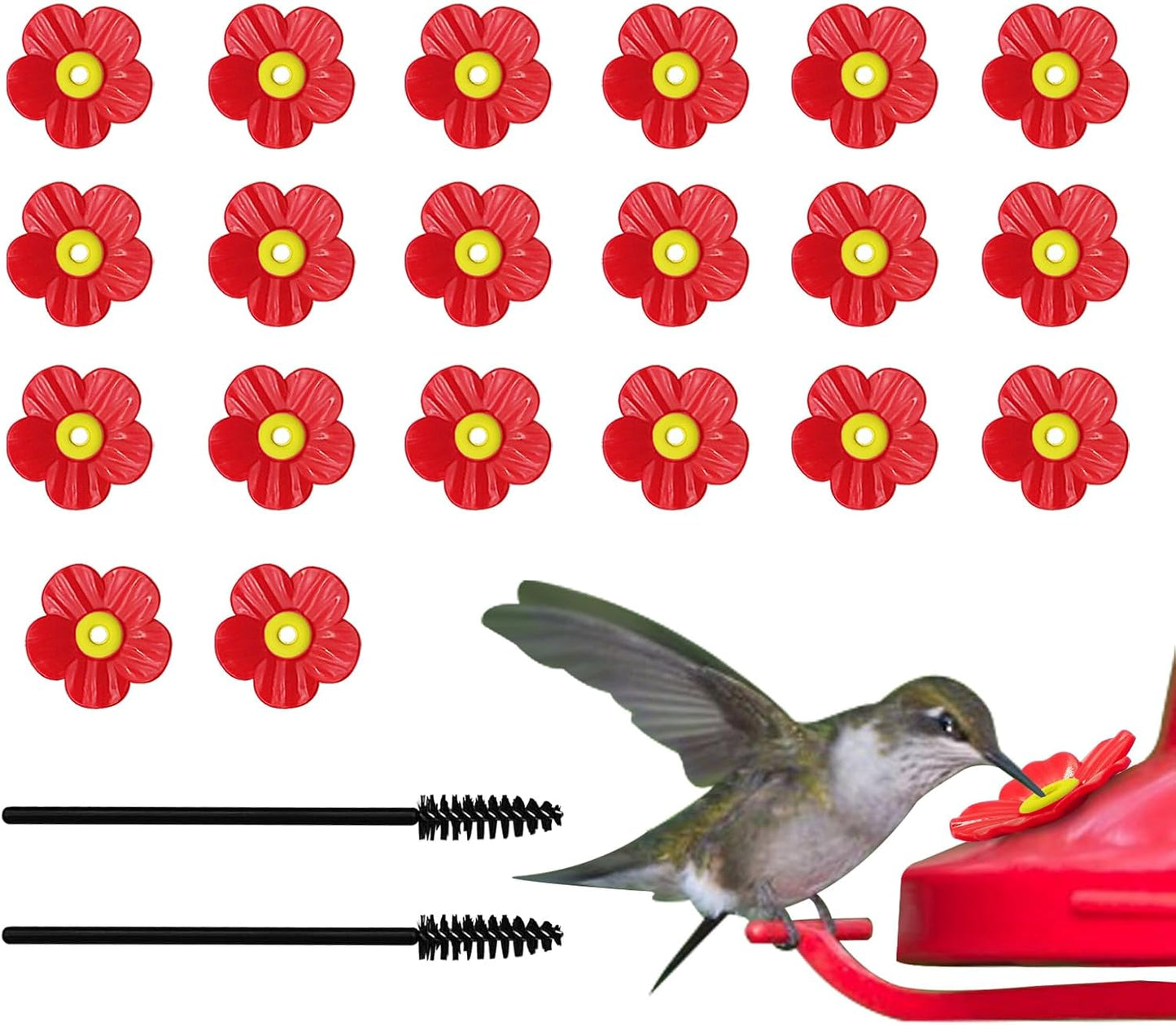 20 Set Hummingbird Feeder Replacement Flowers with 2 Cleaning Brush Flowers Feeder Parts Replacement for Hanging Feeding Hummingbird Outdoors (Red)