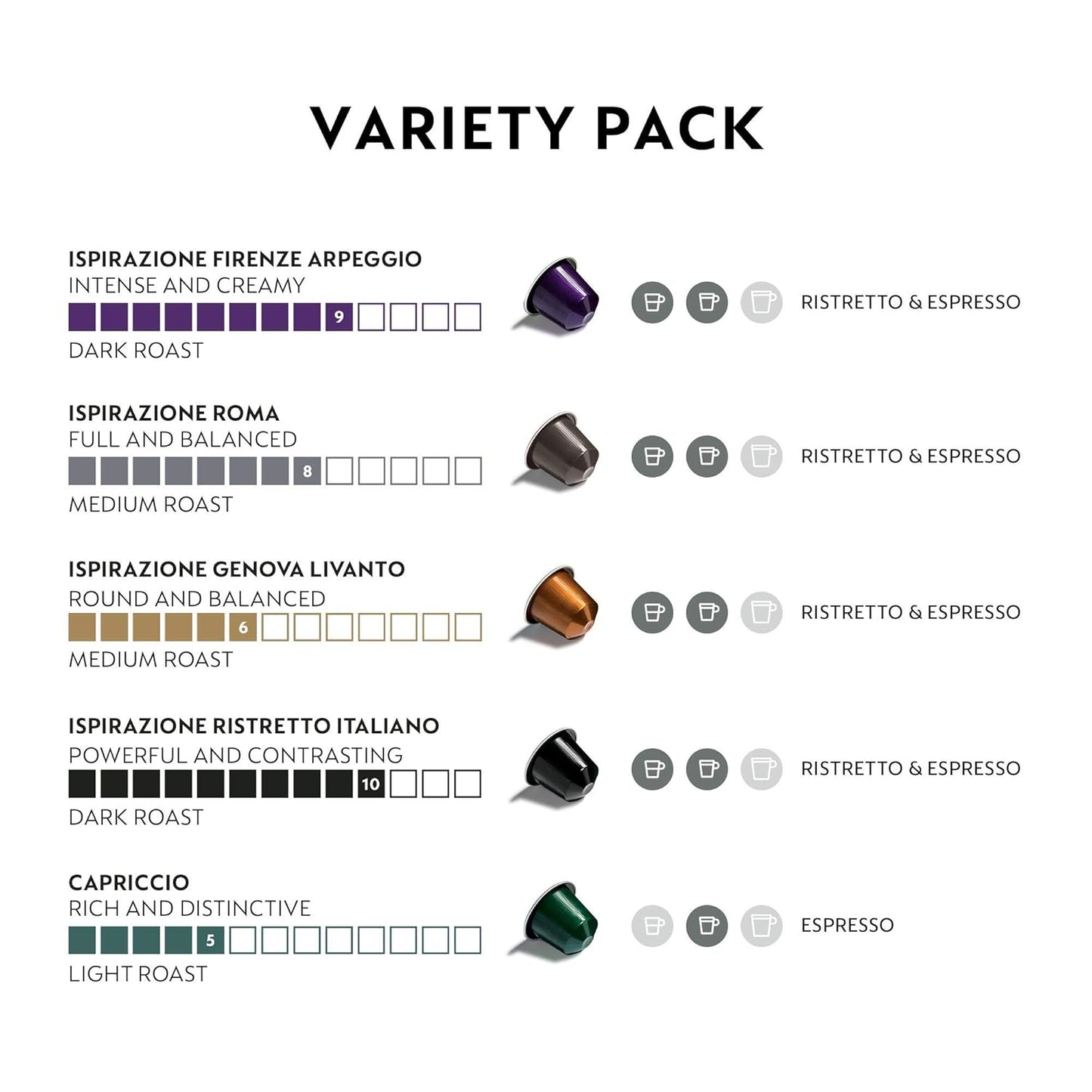 Nespresso Capsules Original Line, Ispirazione Favorites Variety Pack, Medium & Dark Roast Espresso Coffee, 50 Count Coffee Pods
