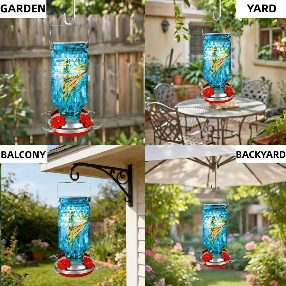 Hand Blown Glass Hummingbird Feeder for Outdoors Hanging Square Chanin
