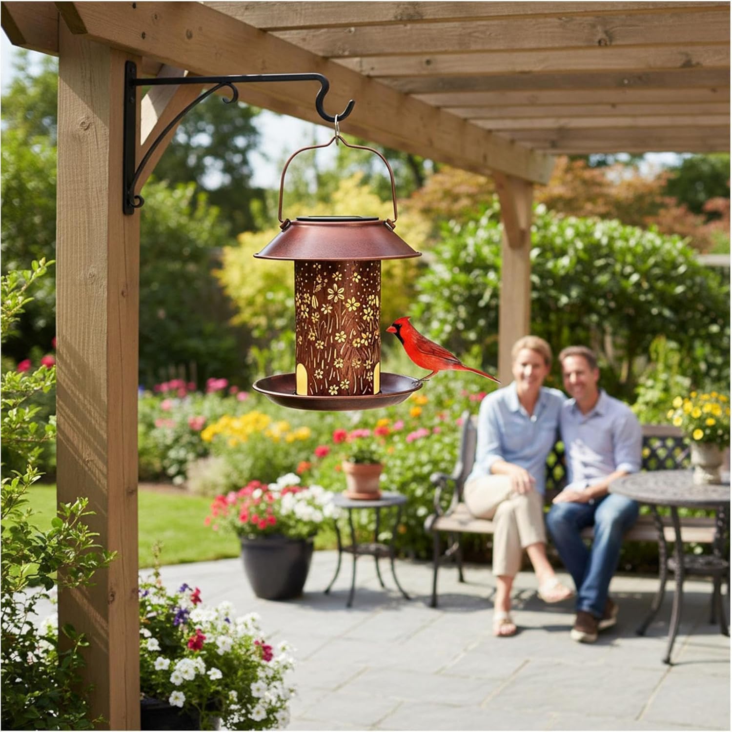 Solar Bird Feeder, Waterproof Metal Lantern Décor with Hollow Feeding 