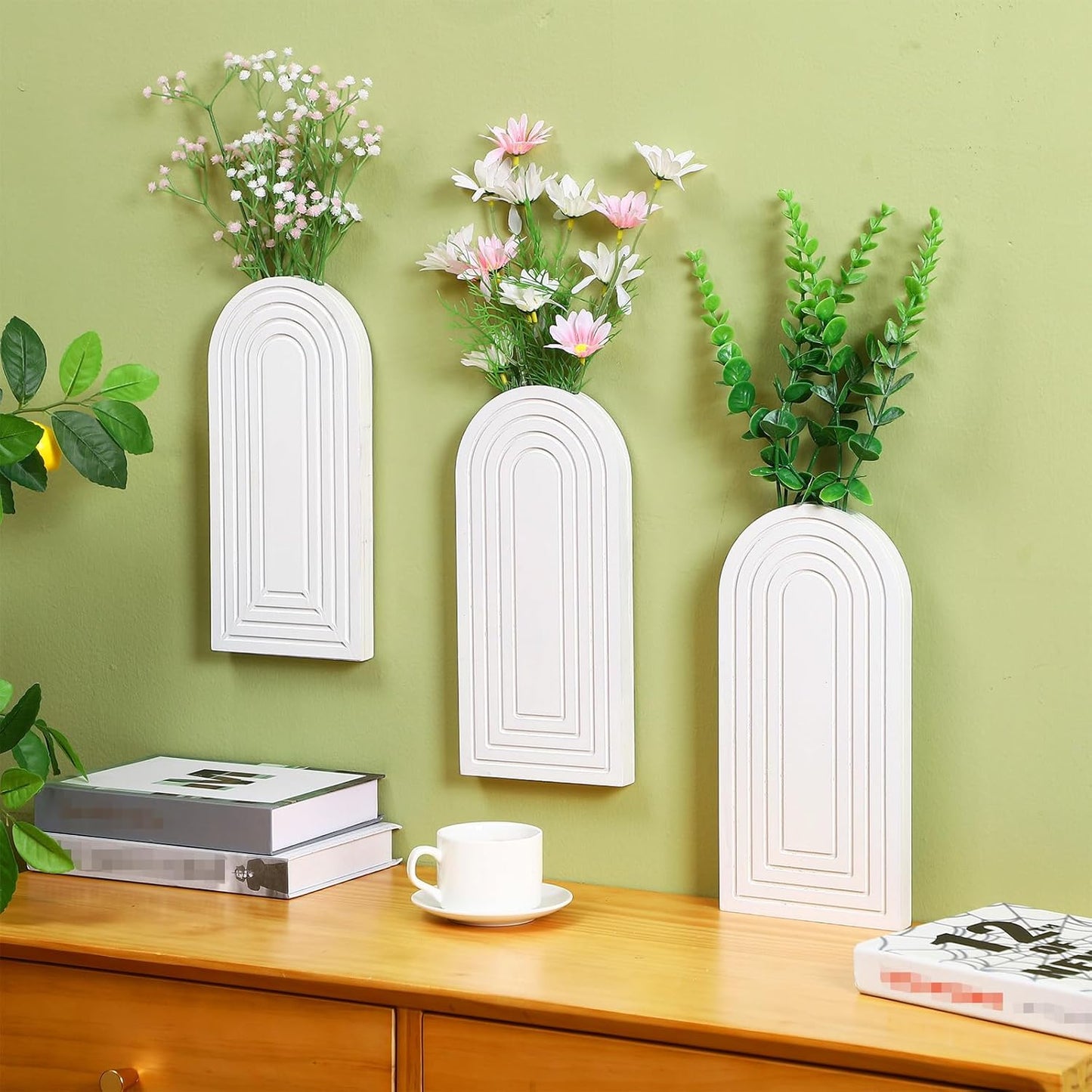 3 Pcs Wooden Wall Planter for Indoor Plants White Hanging Planter for Dried Flowers and Artificial Greenery Plants Farmhouse Wall Pocket Vase Decor for Bedroom Living Room Bathroom