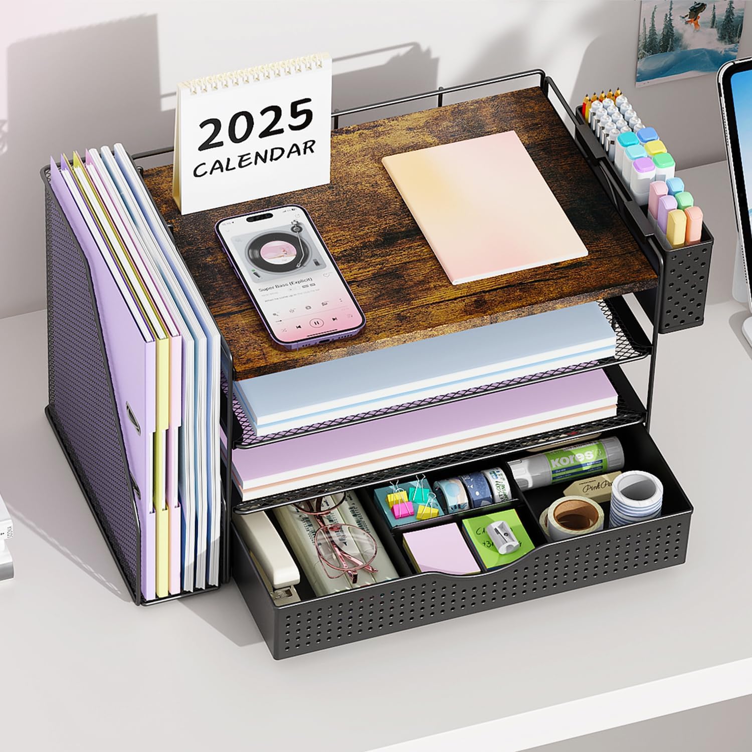 gianotter Wood Desk Organizers and Accessories with File Holder, 4-Tie