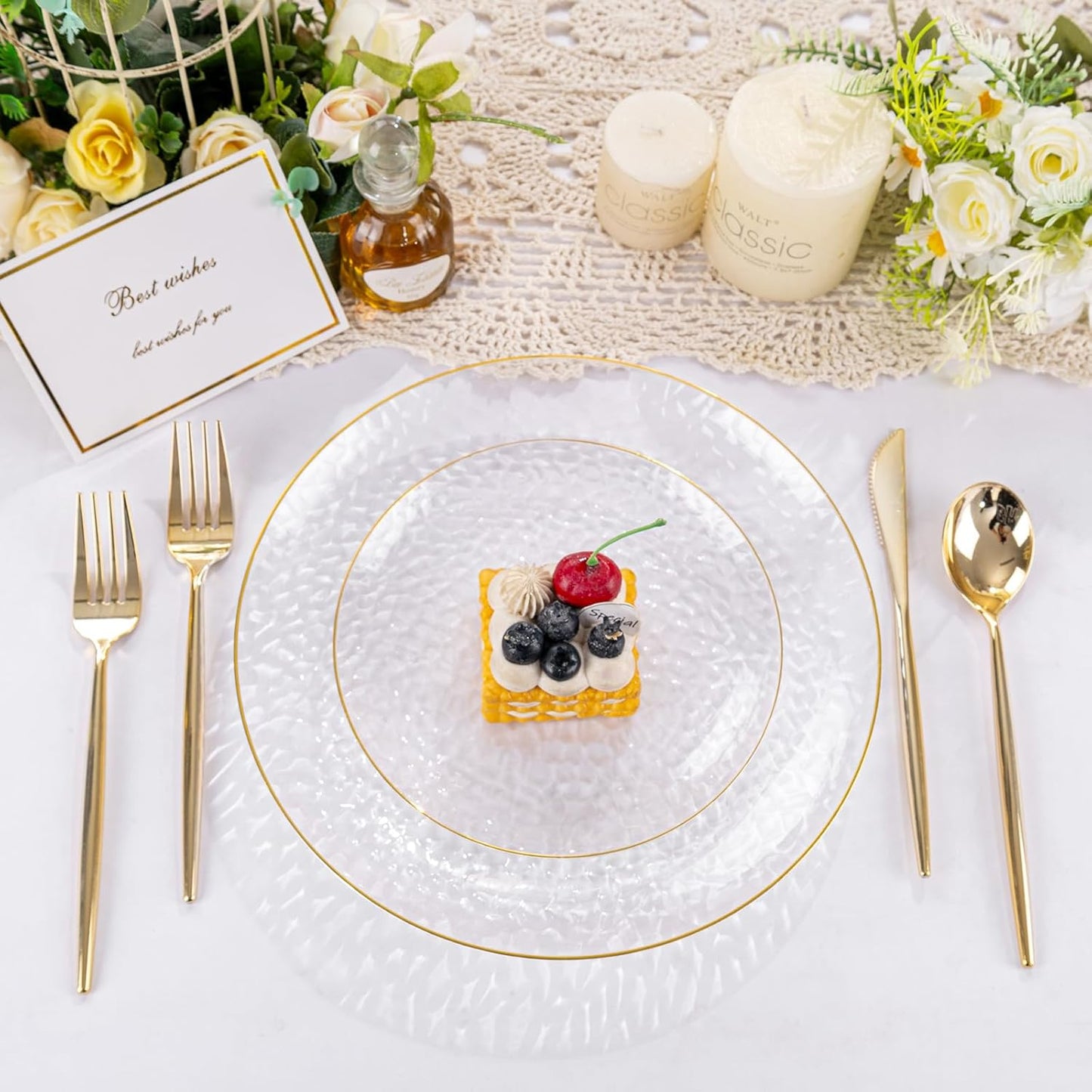 Rubtlamp 60Pcs Clear Plastic Plates,Clear Disposable Plates With Gold Rim,Heavy-duty Gold Plates,Hammered Party Plates Include 30Clear Dessert-Platos,30Dinner-Platos for Wedding, Party