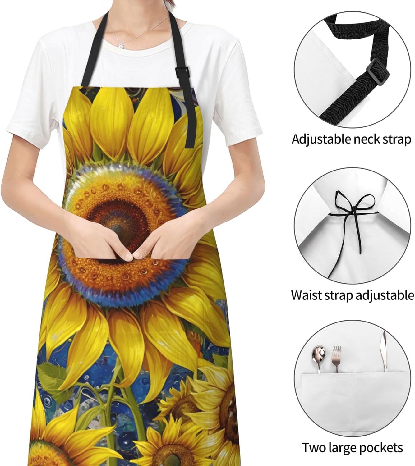 YANYU sunflower Print 28x33 In Kitchen Apron Stylish Chef Apron with Pockets for Cooking Baking Painting