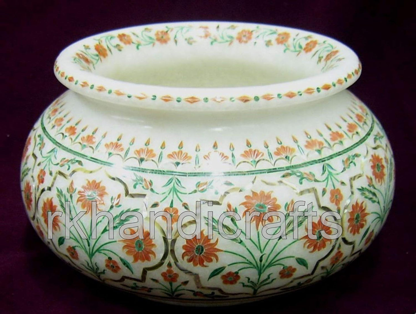 6 Inches Carnelian Plant Stand Inlaid with Floral Pattern White Marble Flower Pot from Vintage Art and Crafts